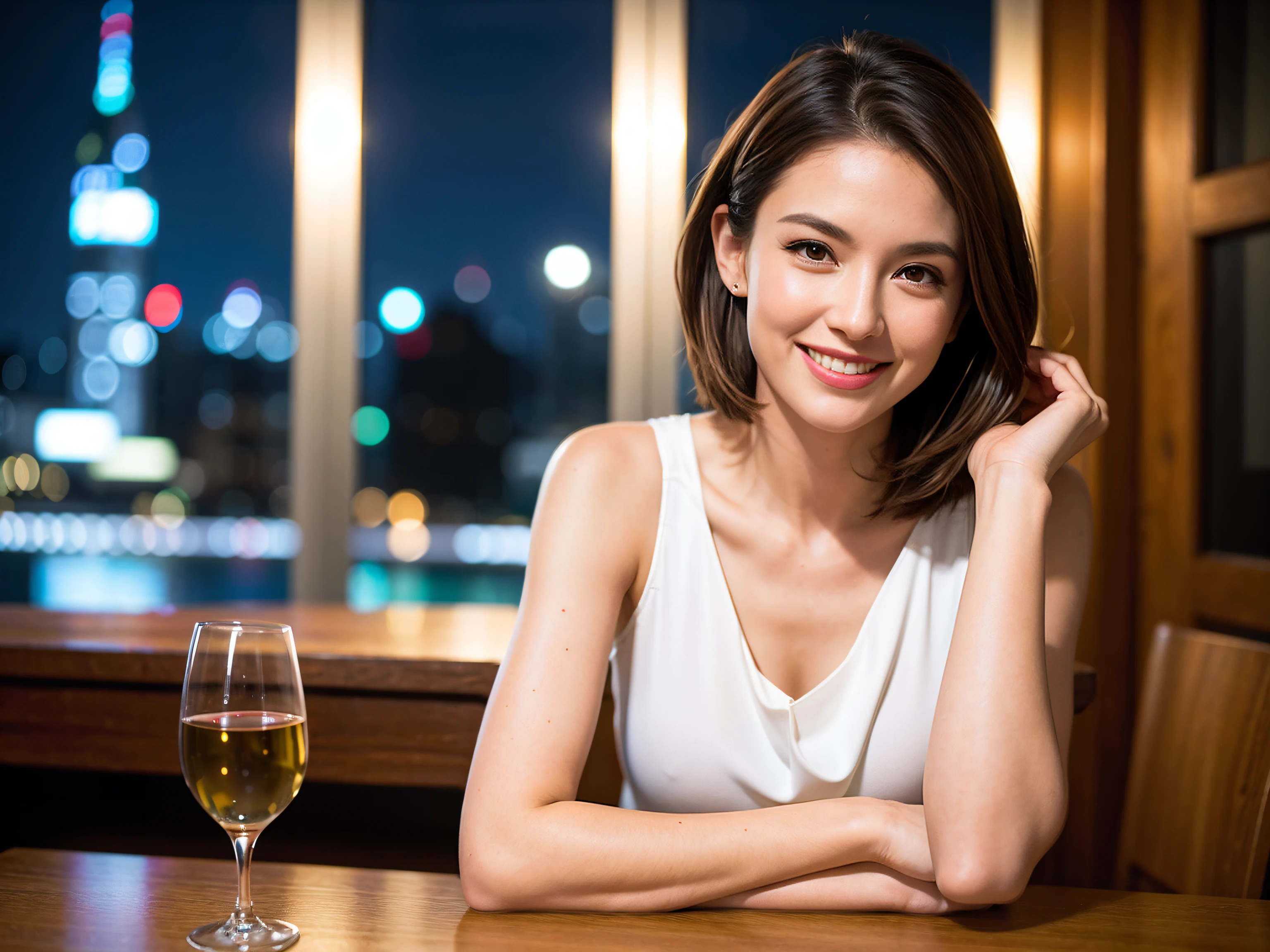 (64K, UHD, top quality, masterpiece: 1.2), (realistic, photorealistic: 1.37), super detailed, pretty woman 1 person, (slim face), (slim body), (brown hair), (short cut), cheeks slightly blushing, (42 years old), 38 years old, solo, beautiful detailed urban night view outside the window, restaurant, wine glasses sit, night, in a prominent place (from the waist up) NovaFrogStyle, Actress, Model, Waist Up, White Wine, Slim, Wine Glass, Super Clean Night View, Wine Glass Put in the Middle, Happy Smile, (Smile: 1.15), Beautiful Fine Eyes, Upper Body, Bust Japan Up, Night, Short, Short, Actress, Model, Waist Up, White Wine, Slim, Wine Glass, Super Clean Night View, Wine Glass Put in the Middle, Happy Smile,