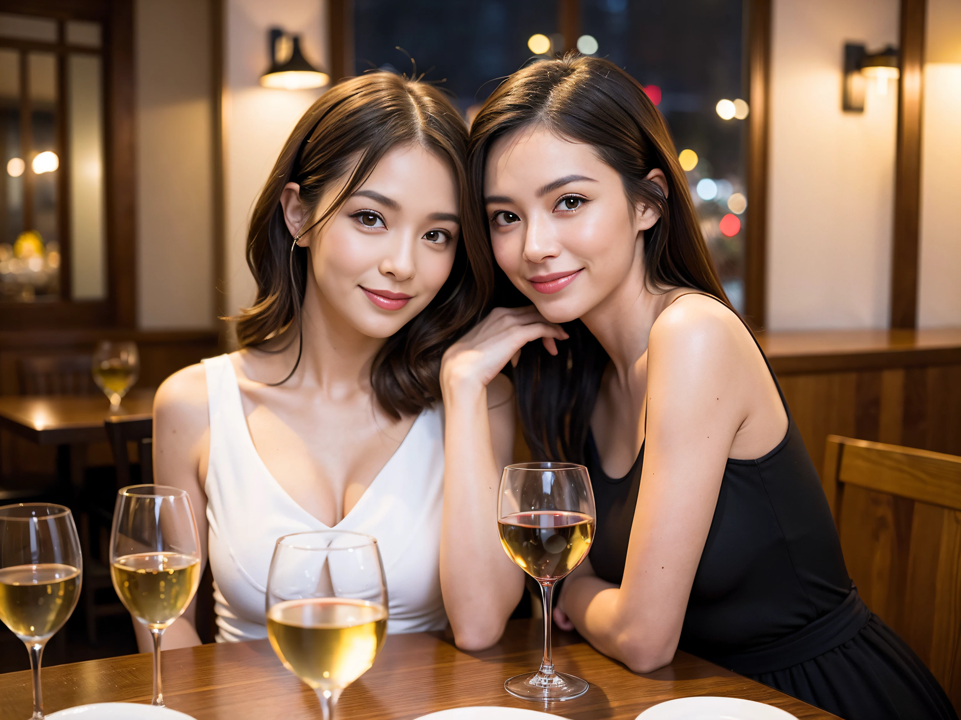 (64K, UHD, top quality, masterpiece: 1.2), (realistic, photorealistic: 1.37), super detailed, pretty woman 1 person, (slim face), (slim body), (brown hair), (short cut), cheeks slightly blushing, (42 years old), 38 years old, solo, beautiful detailed urban night view outside the window, restaurant, wine glasses sit, night, in a prominent place (from the waist up) NovaFrogStyle, Actress, Model, Waist Up, White Wine, Slim, Wine Glass, Super Clean Night View, Wine Glass Put in the Middle, Happy Smile, (Smile: 1.15), Beautiful Fine Eyes, Upper Body, Bust Japan Up, Night, Short, Short, Actress, Model, Waist Up, White Wine, Slim, Wine Glass, Super Clean Night View, Wine Glass Put in the Middle, Happy Smile,