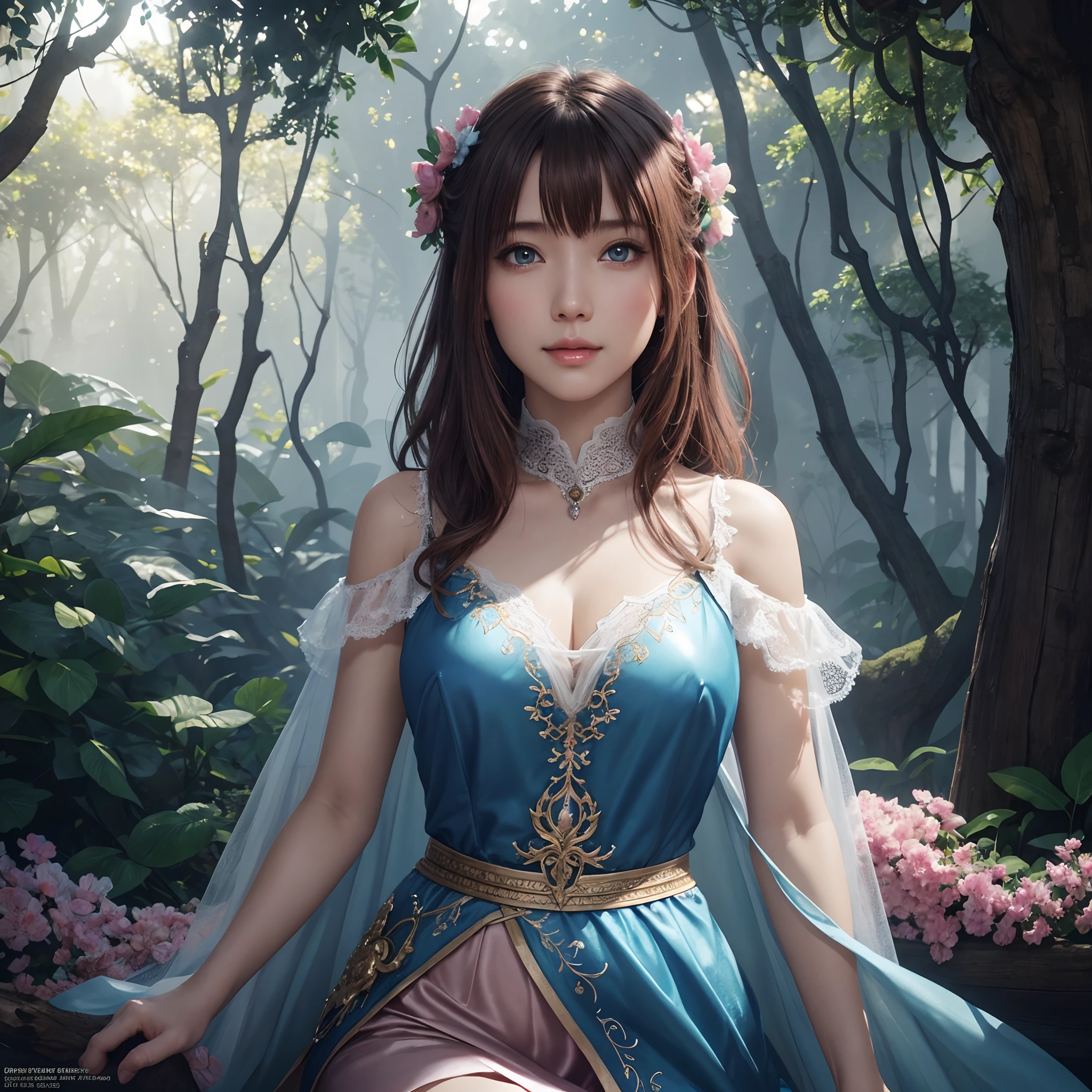 hightquality、8K Ultra HD、fullllbody、1 -yeld fee、Gentle smile、Rich facial expressions、beauty legs、Pink dress、light brown hair、Blue eyes、(There is a nice healing forest in the background)、cute little、Beautiful fece、portlate、art by:Alberto Seveso、Abstract art style、Complex and intricate watercolor painting 、digitial painting、concept-art、Volumetric lighting、TanvirTamim、metal reflective、2d render、8K。 by artgerm、Trending on ArtStation