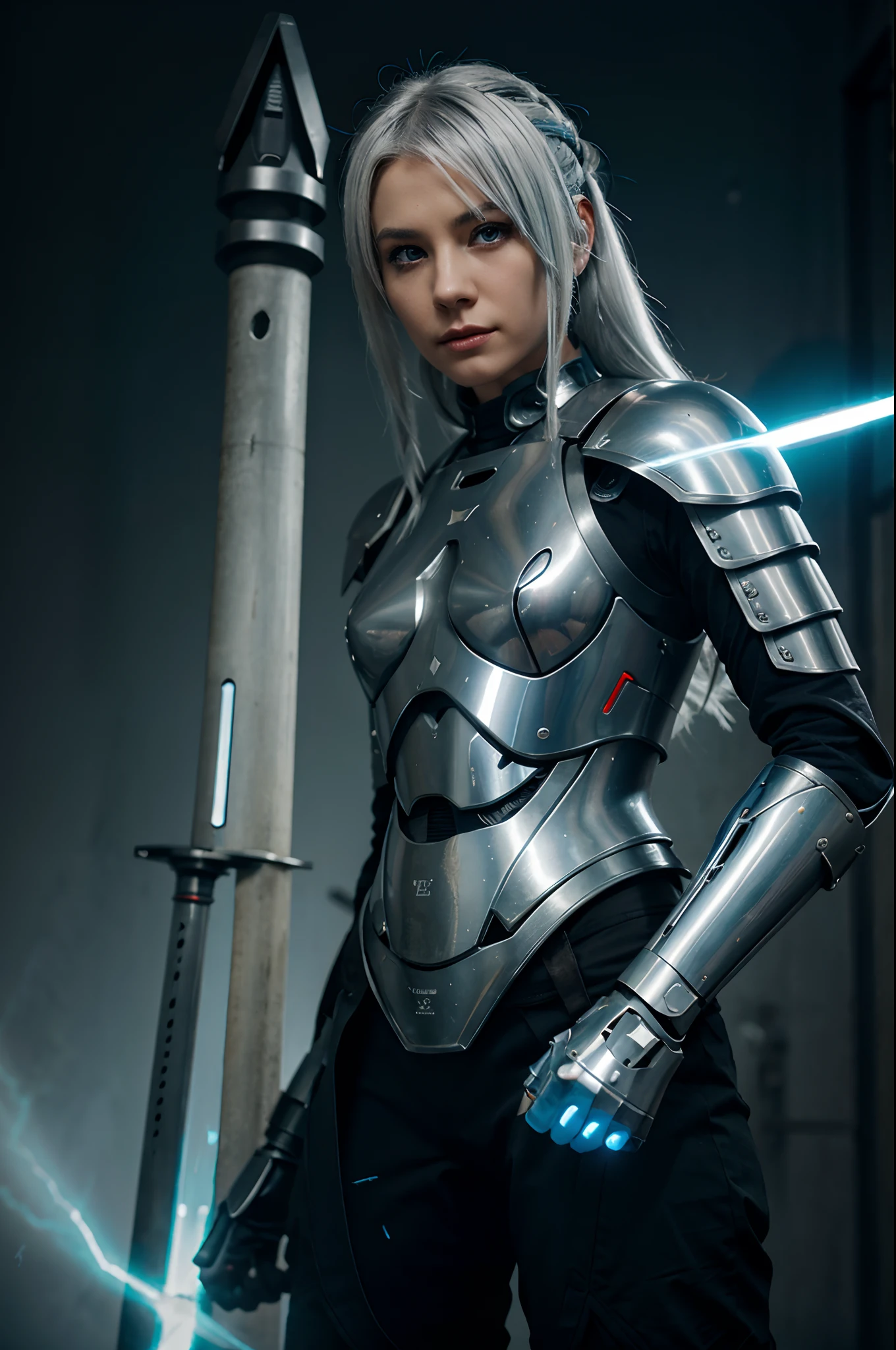 Human cyborg grey armor white hair cyan eye lightning around light katana saber