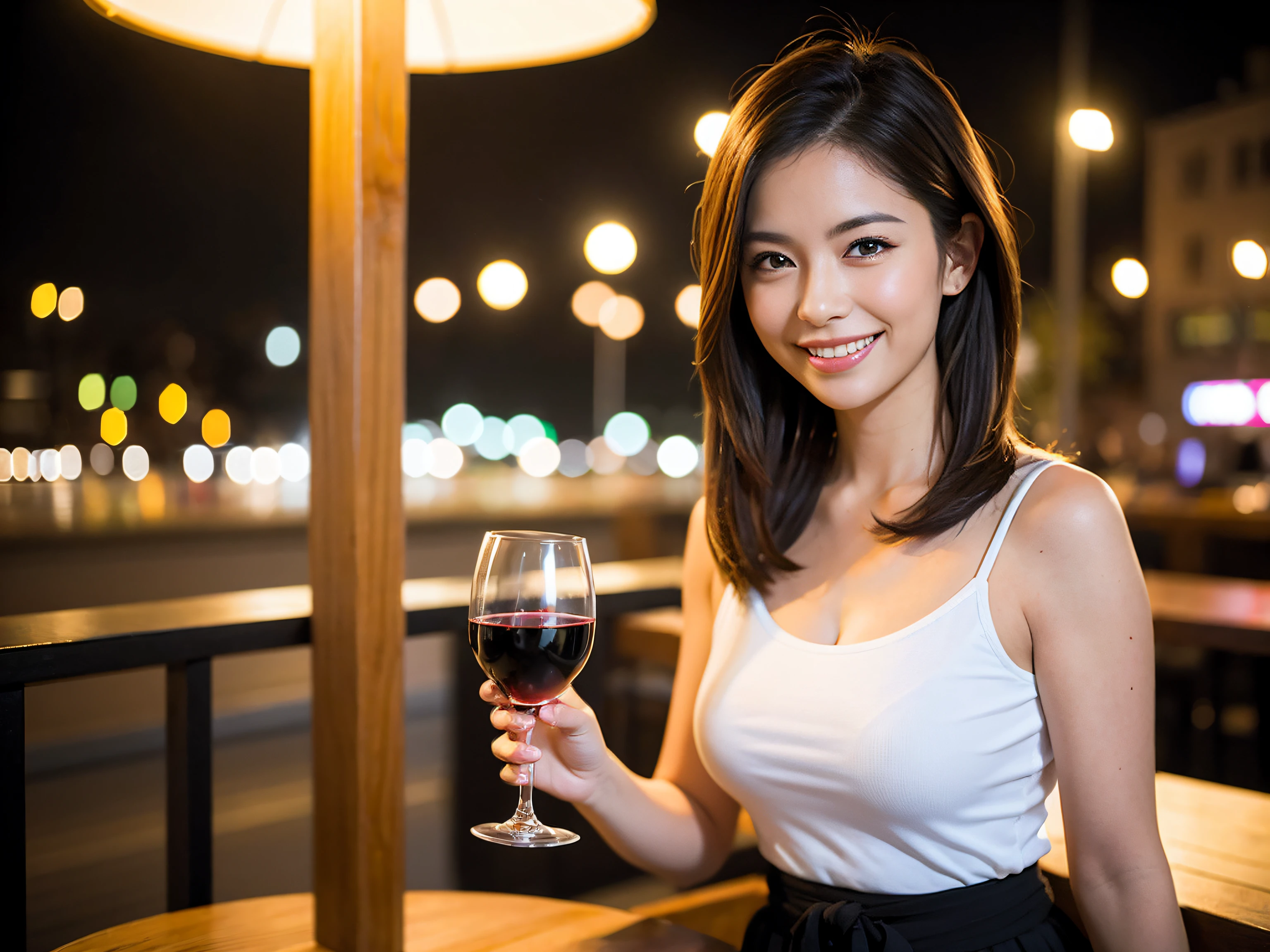 (64K, UHD, top quality, masterpiece: 1.2), (realistic, photorealistic: 1.37), super detailed, pretty woman 1 person, (slim face), (slim body), (brown hair), (short cut), cheeks slightly blushing, (42 years old), 38 years old, solo, beautiful detailed urban night view outside the window, restaurant, wine glasses sit, night, in a prominent place (from the waist up) NovaFrogStyle, Actress, Model, Waist Up, White Wine, Slim, Wine Glass, Super Clean Night View, Wine Glass Put in the Middle, Happy Smile, (Smile: 1.15), Beautiful Fine Eyes, Upper Body, Bust Japan Up, Night, Short, Short, Actress, Model, Waist Up, White Wine, Slim, Wine Glass, Super Clean Night View, Wine Glass Put in the Middle, Happy Smile,