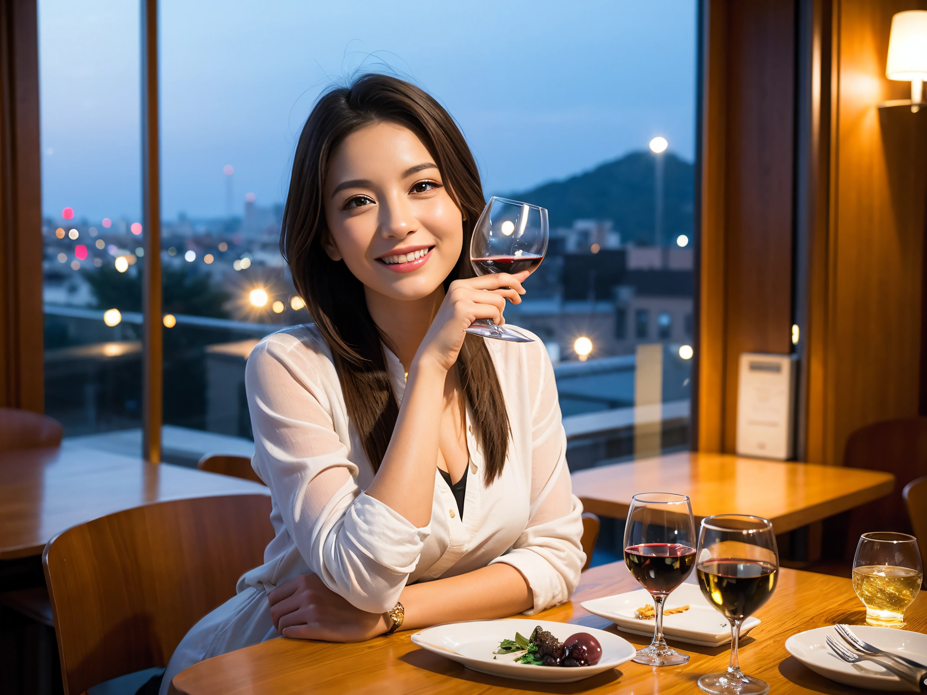 ((Highest quality、8K、masterpiece:1.3))、Shortcuts、cute、slimカップル、modelカップル、actress男優、(Realistic, Intricate details:1.2), full-course dinner、Wine Party、Amazing view of the sunset sky and clouds、A bright smile、short hair,Bright Face、 (Age 45), 42 years old, red wine 、Appetizers、Italian food、Wine bottle、Champagne、sparkling wine、Two beauties、Brown Hair、Shortcuts、Long sleeve shirt、dress、Beautiful woman 1, (slimな顔), (The body is slim), (Brown Hair), (Shortcuts), cheeks turn a little red,Attractive beauty、restaurant, In a prominent place (From the waist up) Nova Frog Style, actress, model, Upper Body, White wine, slim, wine glass, 中央に置かれたwine glass, smile, (smile: 1.15), Beautiful fine grain, Depth f/2,saturation, High Contrast, Strong light and shadow,Moist Body:1.5、3D texture、Delicate eyes、Brown Hair、The hair is very shiny、