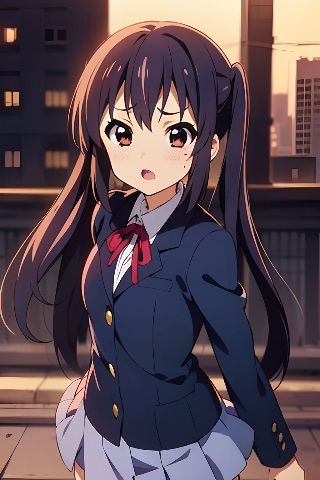 1girl, (((masterpiece))), highest quality, best quality, high detail, nakano azusa, 1girl, sakuragaoka high school uniform, school uniform, twintails, long hair, black hair, brown eyes, solo, red , a navy blue blazer with red narrow ribbon, a solid white buttoned shirt under the blazer, illustration, cartoon, soothing tones, calm colors, soft cinematic light, adobe lightroom, photolab, hdr, intricate, highly detailed, ((((depth of field)))). (((takeout))).dynamic focus.((big breasts)).(((Skyscrapers))).(((A city scape))).(((Face of sadness))). open mouth.(((put hands on the hip))).(((up chest))).((evening glow)).((the setting sun)).look from above.