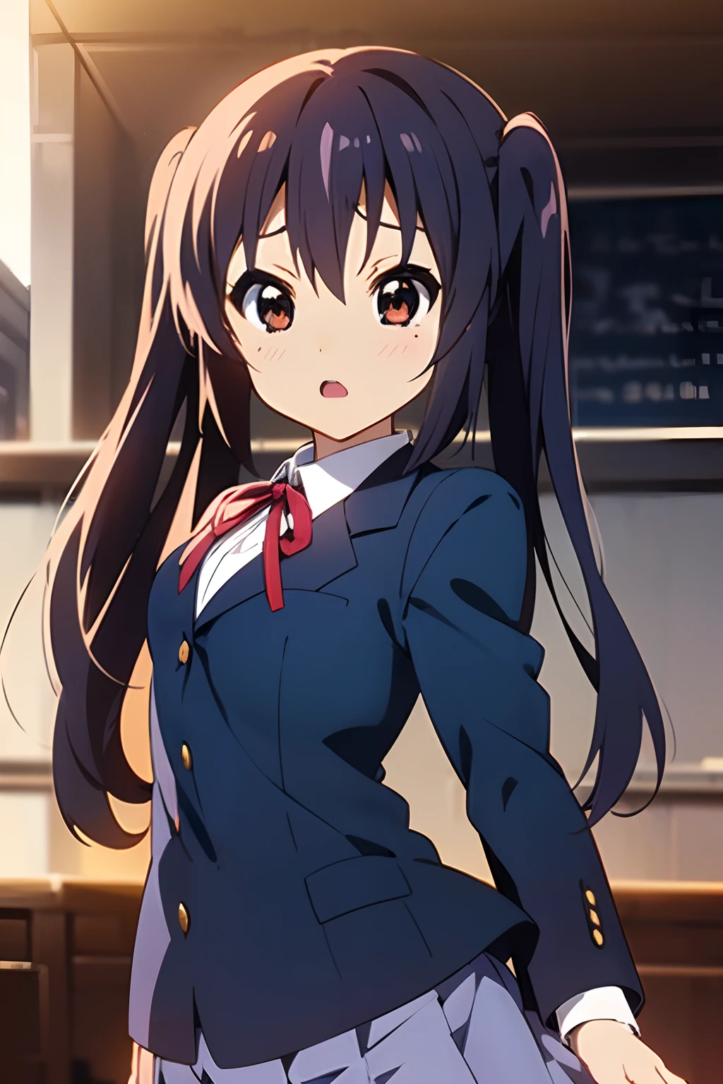 1girl, (((masterpiece))), highest quality, best quality, high detail, nakano azusa, 1girl, sakuragaoka high school uniform, school uniform, twintails, long hair, black hair, brown eyes, solo, red , a navy blue blazer with red narrow ribbon, a solid white buttoned shirt under the blazer, illustration, cartoon, soothing tones, calm colors, soft cinematic light, adobe lightroom, photolab, hdr, intricate, highly detailed, ((((depth of field)))). (((takeout))).dynamic focus.((big breasts)).(((Skyscrapers))).(((A city scape))).(((Face of sadness))). open mouth.(((fighting stance))).(((up chest))).((evening glow)).((the setting sun)).