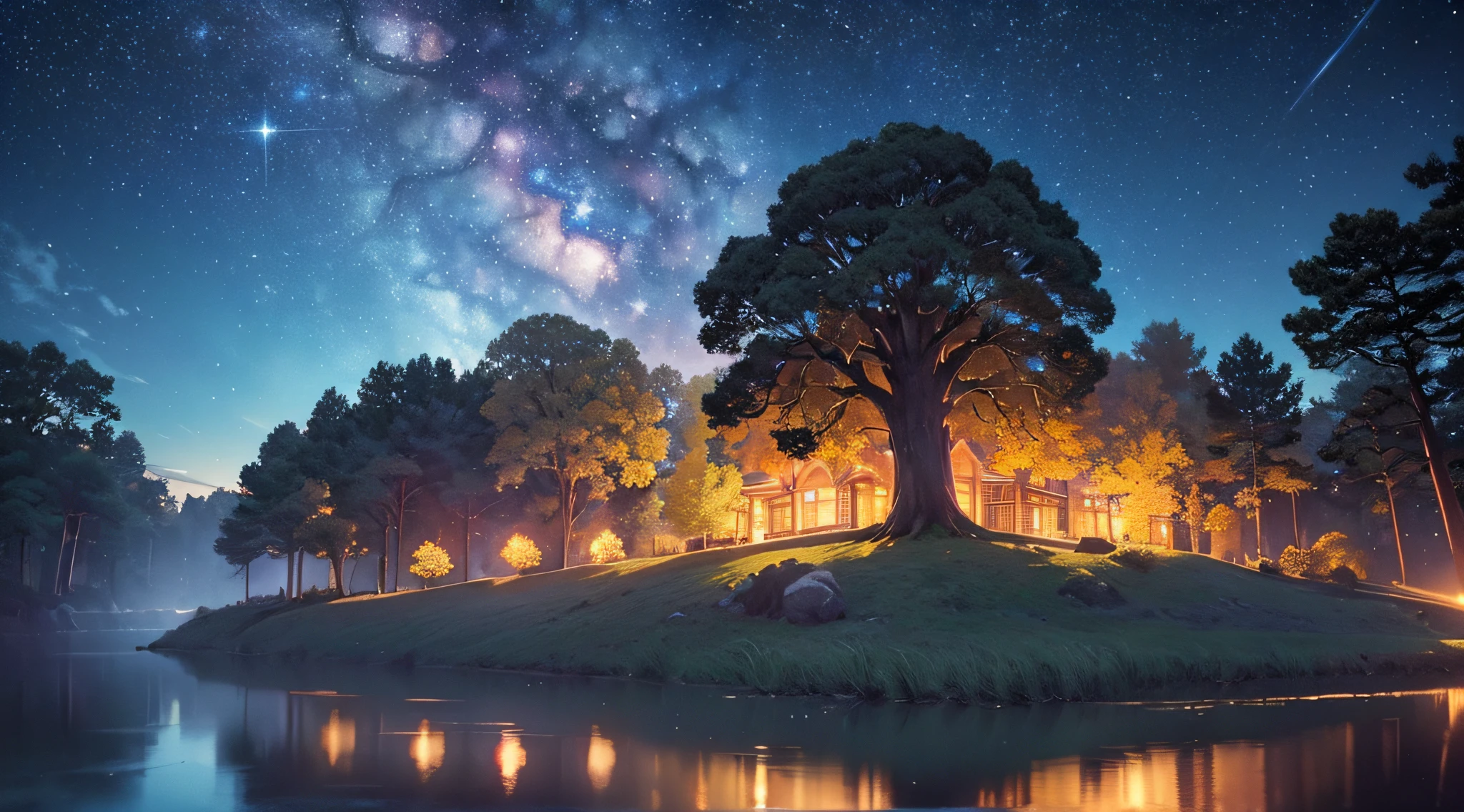 masterpiece、Background with((Fantastic starry sky、meteors、black hole))、Depth((Giant Tree、Fantastic、Luminescent、城市))、a beauty girl、onepiece、Rear view