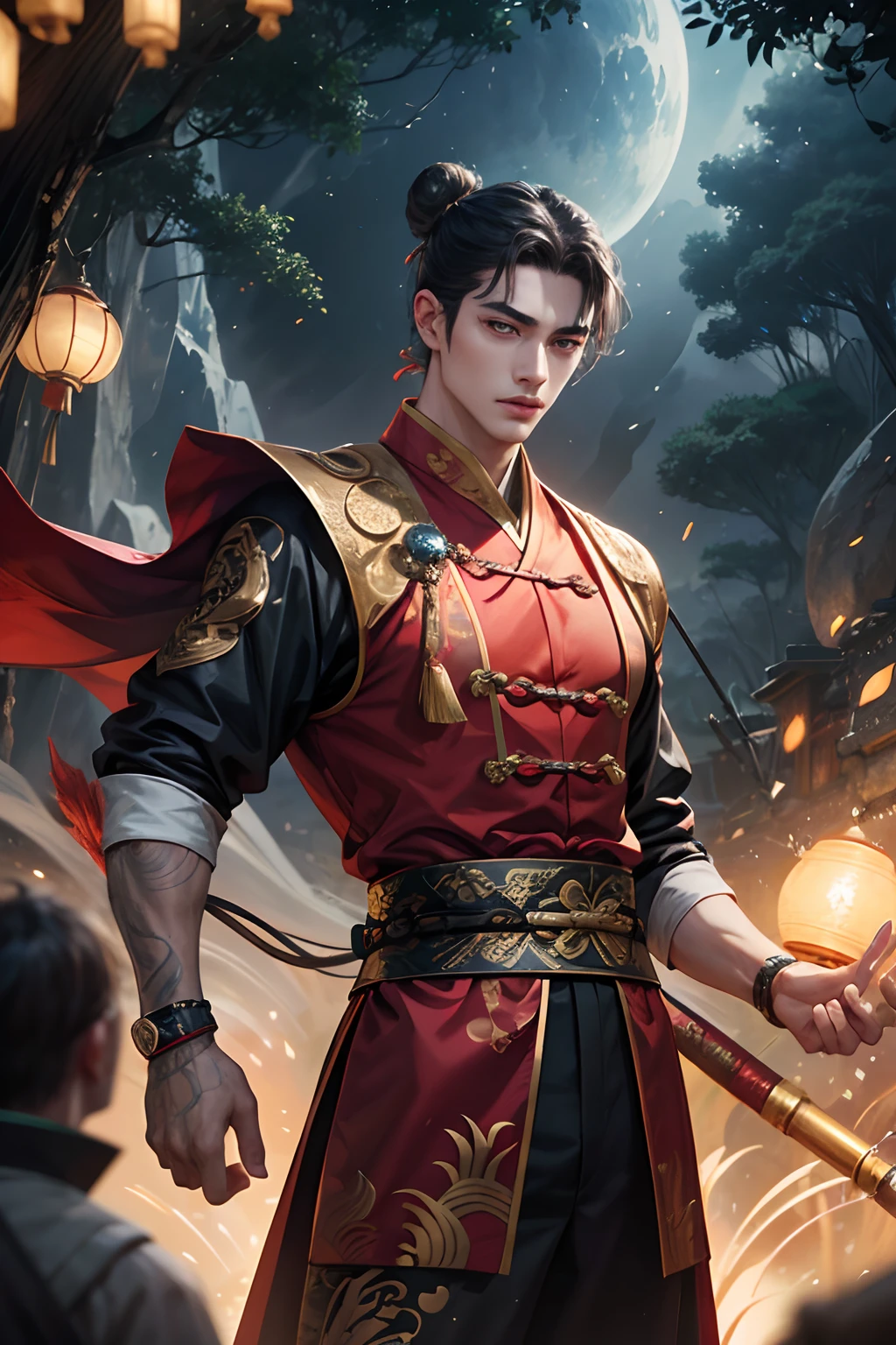 hoang lap,intricately details,tmasterpiece,best qualtiy,A high resolution,8k),Three men,mature,Age 20,handsome,Handsome,Angular,tall muscular guy,a broad shouldered,Bun hair,Black colored eyes,Fine eyes and detailed face,looking at viewert,(style-swirlmagic:0.7),(full bodyesbian:0.7),(Chinese fantasy theme:1.1),The corners of the clothes fluttered in the wind,Martial artist,dynamicposes,Fighting posture, and clench your fist,Fingerless gloves,Wristbands,Taoist-themed costumes,Taoist robes,Bamboo forest in the background,Rotating floating particles,dynamic compositions,Mysterious oriental medieval atmosphere,depth of fields,vfx。