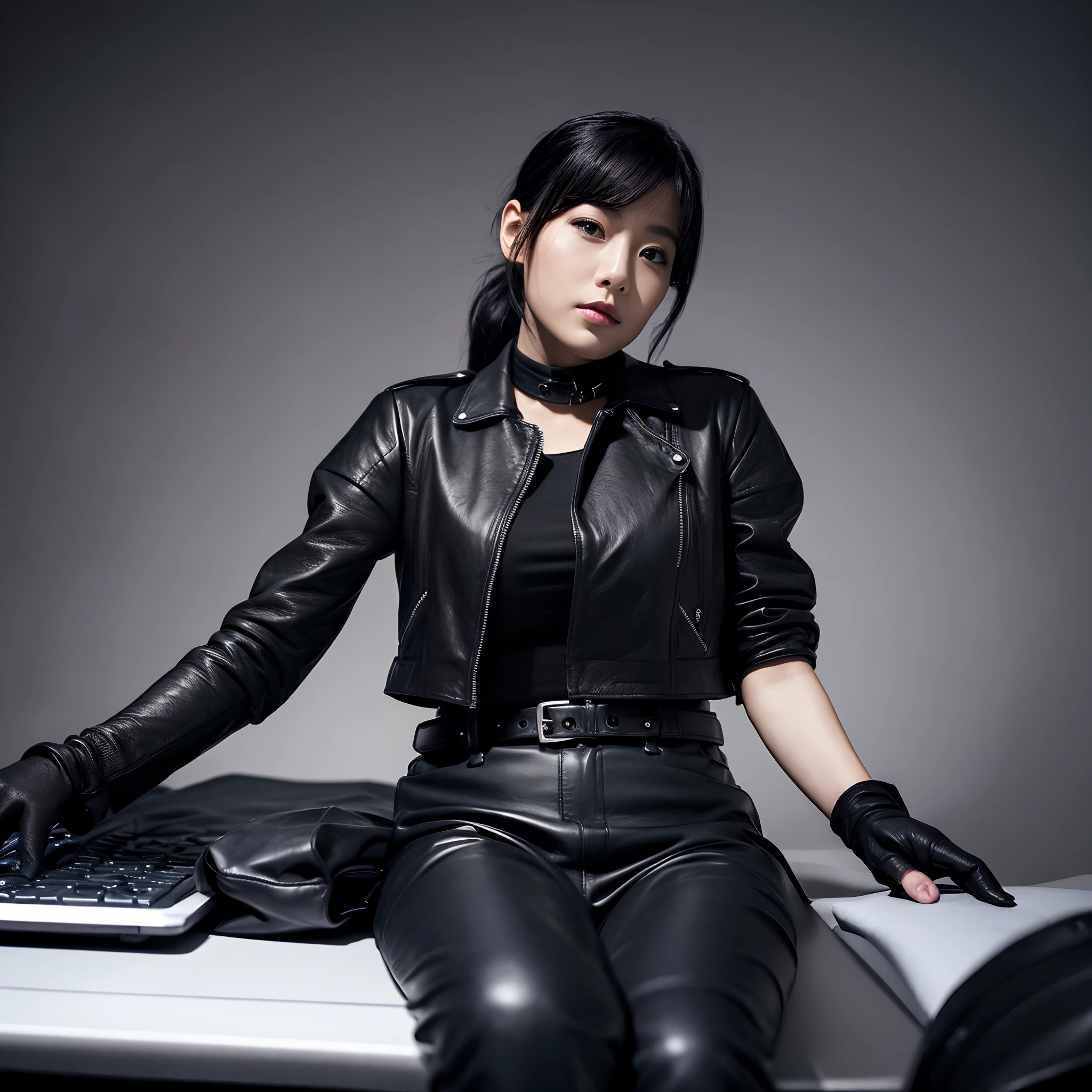 Woman in a black leather double rider's jacket、Office in the Dark, With the fingertips of the black leather gloves of both hands while looking at the screen、Woman tapping keys on the keyboard of black laptop on desk、Sitting on a black leather chair、 Japan Female Beautiful New Employee (Black leather gloves cover both hands) (The angle is sideways)、Black Leather Skinny Pants、Long black leather boots on both legs、Black hair ponytail ((He wears black leather gloves on both hands))