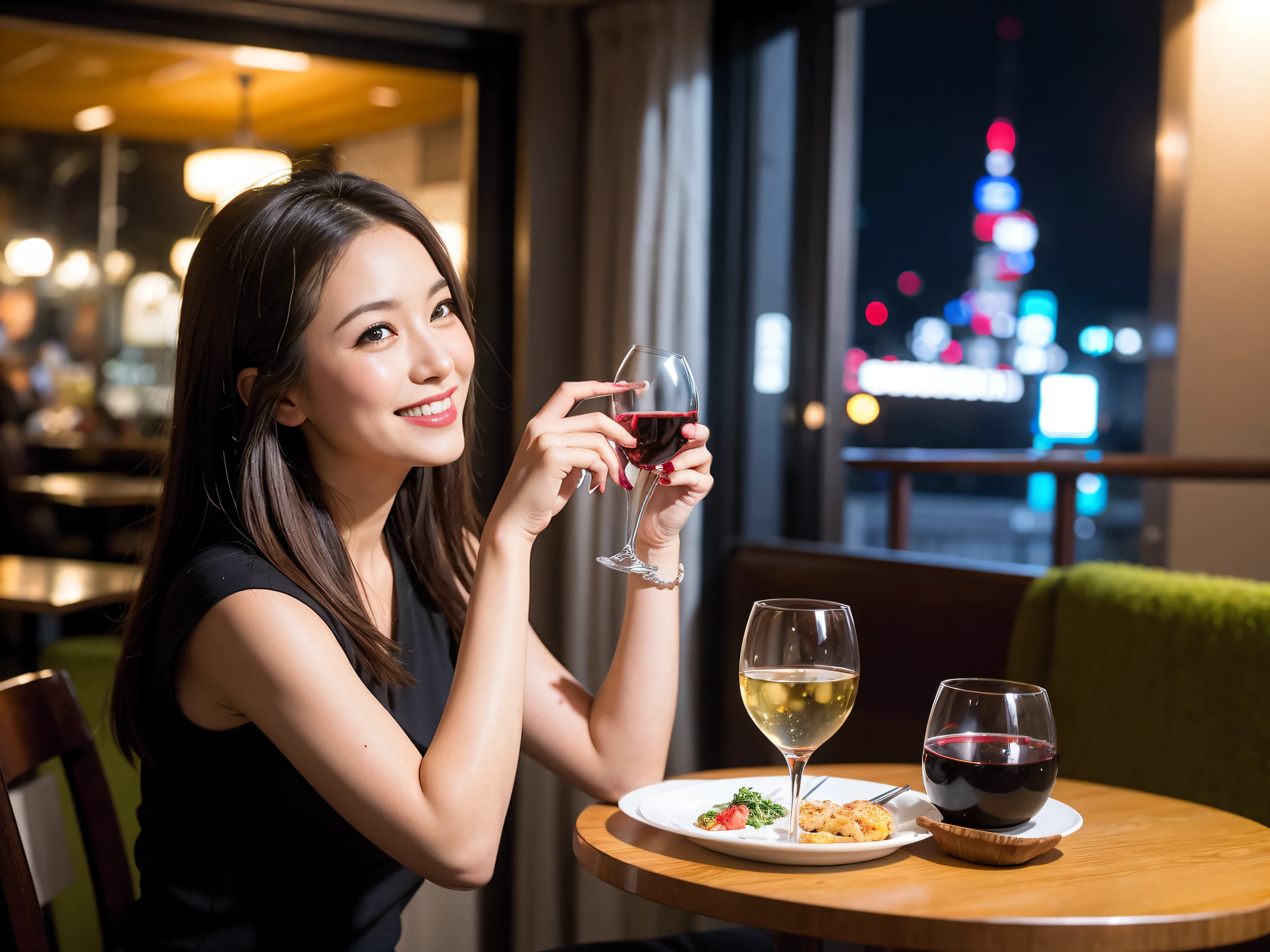 ((Highest quality、8K、masterpiece:1.3))、 (Ultra-realistic、 Genuine、Bright image、Intricate details:1.2), 最高のsmile、1 male、1 female、Beautiful couple、love love love、Roman Lovers、Good friends、actress couple、smile、Full-course dinner at a packed table、 (Slim face), (the body is slim), (Brown Hair), (short hair), テーブルのwine glass、Please shine a light on my face、 Amazing view of the sunset sky and clouds、35 years old 39 years old, red wine 、Appetizers、Wine bottle、sparkling wine、Long sleeve shirt、dress、White wine, red wine, wine glass,