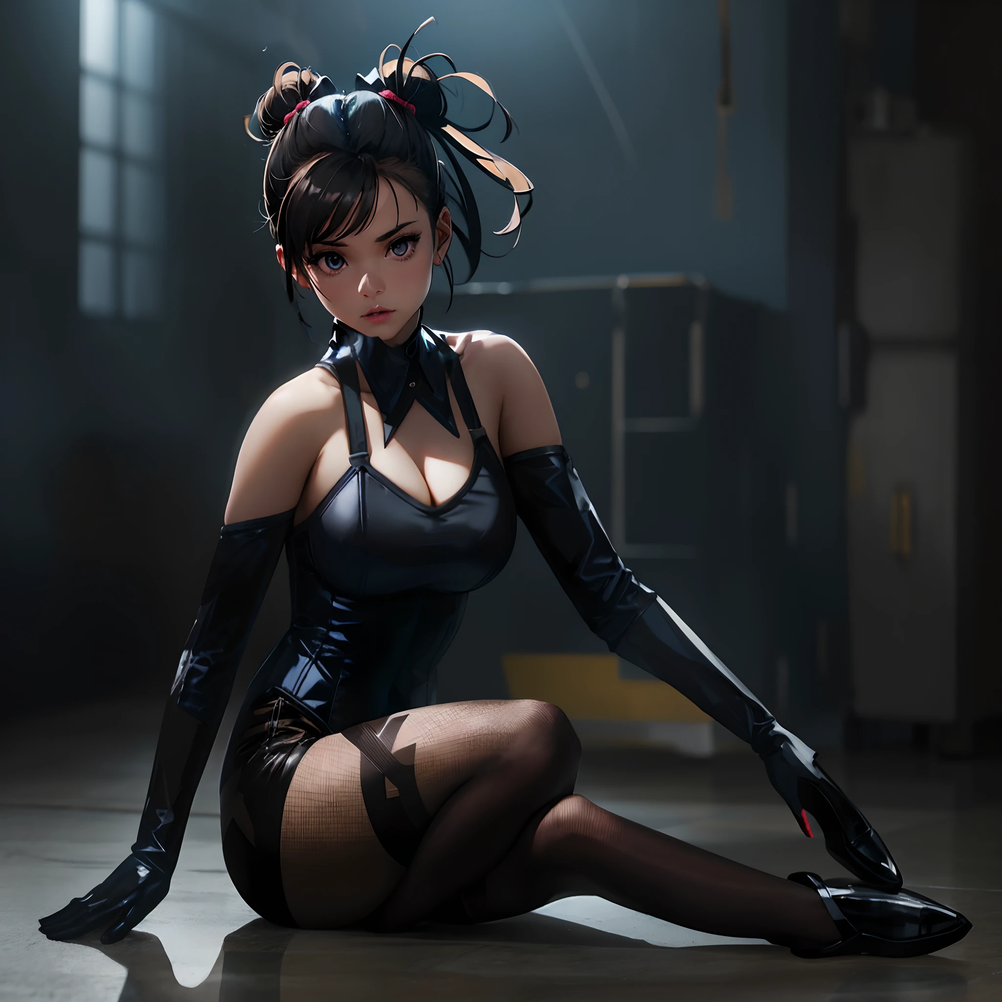 Chun Li, 1girl, aged up, sadistic, AngelMS, solo, large breasts, blurry, blurry background, tech, training, Eyes without light, mind blake, (dollsuit:1.3), ( latex leotard, black leotard:1.3), fingerless glove