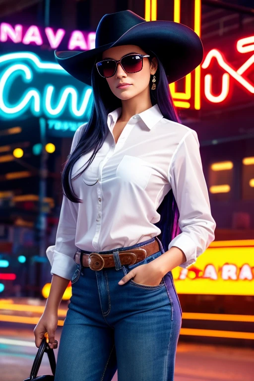 Cowgirl Amish Costume Holding Blank Banner Shirt Oversized Pants Amazing Eyes Amazing Face Cream Hair Gorgeous Hair Cowgirl Costume Amazing Outfit Charming Color Amazing Color Very Detailed and Beautiful sunglasses with her nerdy friend and charming background, amazing wallpapers, Liv Tyler, Salma Hayek, Very detailed and beautiful wallpaper, HD pictures-auto font-neon font，transparent clothes, neon blue, Neon lights of different colors, cyberpunk,, Colorful neon lights