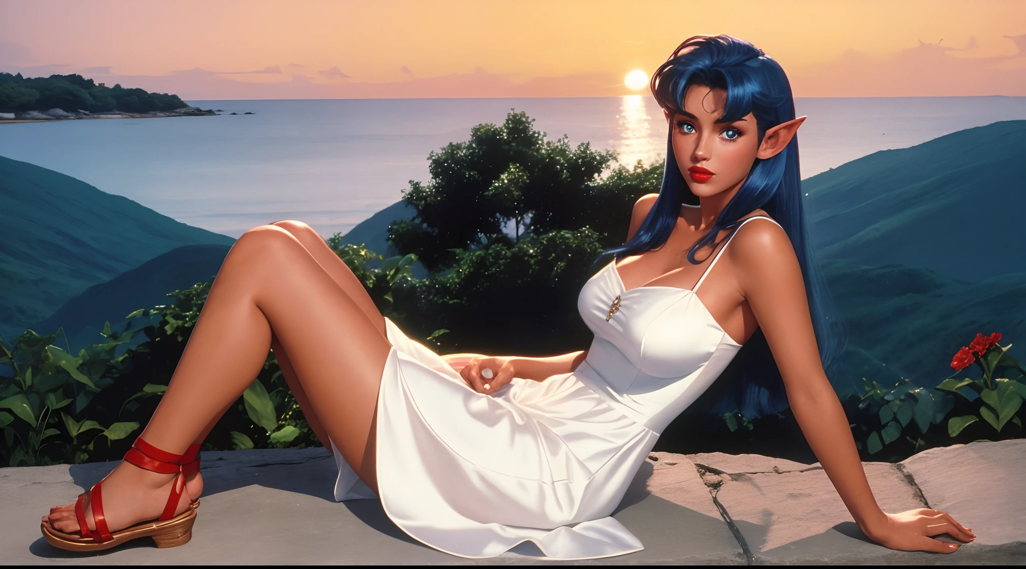 1990s \(style\), retro artstyle, A night elf lady wearing a white summer dress, blue skin, red hair, glowing golden eyes, red lips, sandals, sunset scenery