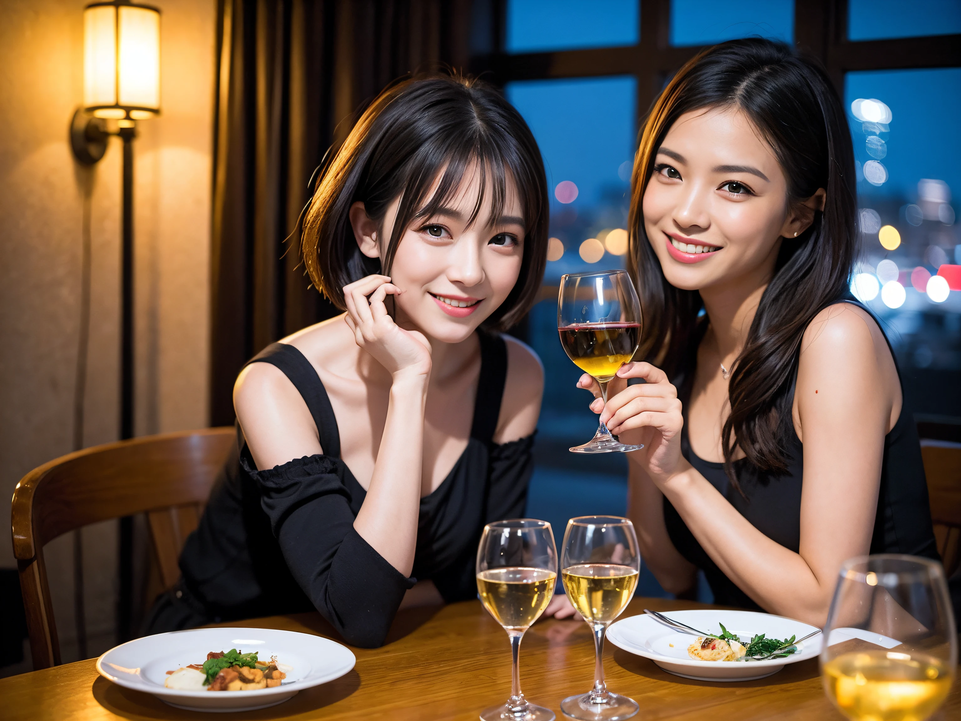 ((Highest quality、8k、masterpiece:1.3))、1 male、1 female、spouse、Beautiful couple、smile、full-course dinner、 (Slim face), (the body is スリム), (Brown Hair), (Shortcuts), ((Bob Hale、Straight hair:1.2)), テーブルの上のwine glass、Put the light on your face、 Amazing view of the sunset sky and clouds、smileの美しさ、Bright image、blush, Shortcuts, (Age 35), 39 years old, Appetizers、Italian food、Wine bottle、Champagne、sparkling wine、Long sleeve shirt、dress、Attractive beauty、restaurant, Nova Frog Style, actress, model, Upper Body, White wine, red wine, wine glass, 