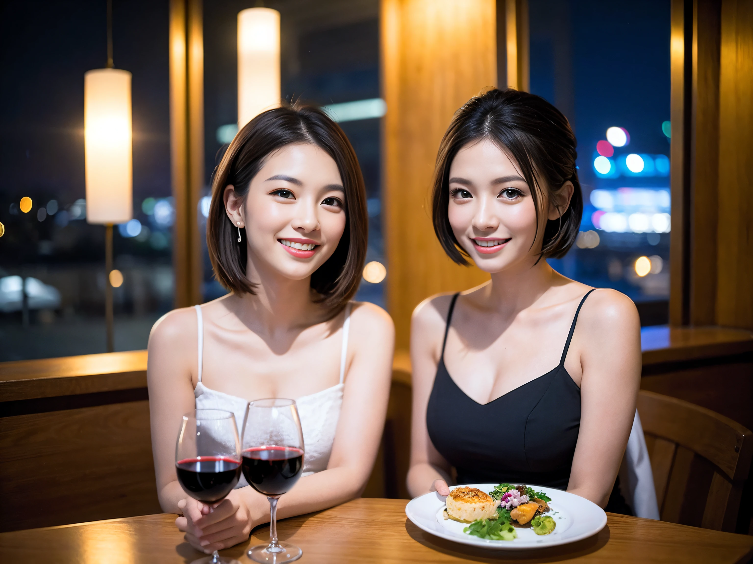 (64K、UHD、top-quality、masterpiece:1.2)、(realisitic、Photorealsitic:1.37)、ultra-detailliert、1 pretty lady、(Slim Faces)、(Slim body)、(brawn hair)、(short-cut)、blush a little on the cheeks、(39 years old)、36-years old、独奏、Beautiful detailed urban night view outside the window、resturant、Wine glasses in a prominent place、natta、(from waist up)、sitting on、date、(a smile:1.15)、Beautiful fine eyes、The upper part of the body、bustup、natta、party dress、japanes、(short-hair:1.2)、Float NovaFrogStyle、女優、modeled、from waist up、white wine、Slimed、wine glasses、Super beautiful night view、Put the wine glass in the middle、Happy smile、