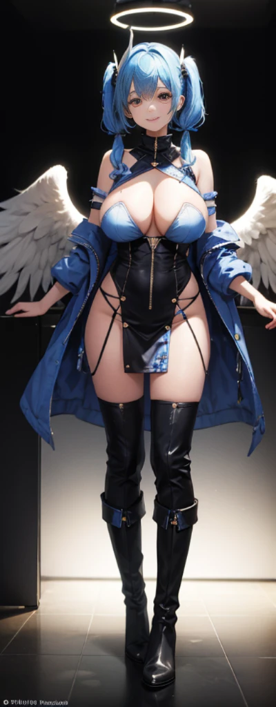 (full body shot of:1.4),white backgrounid,(1 Angel Girl,shiny wings,The halo,Delicate headgear,ssmile),(paper art,Quilted paper art,Geometry),(plethora of colors,Best quality,high detal,tmasterpiece,Cinematic lighting effects,4K,Chiaroscuro),huge tit,blue hair,pigtails,Blue knee-length boots