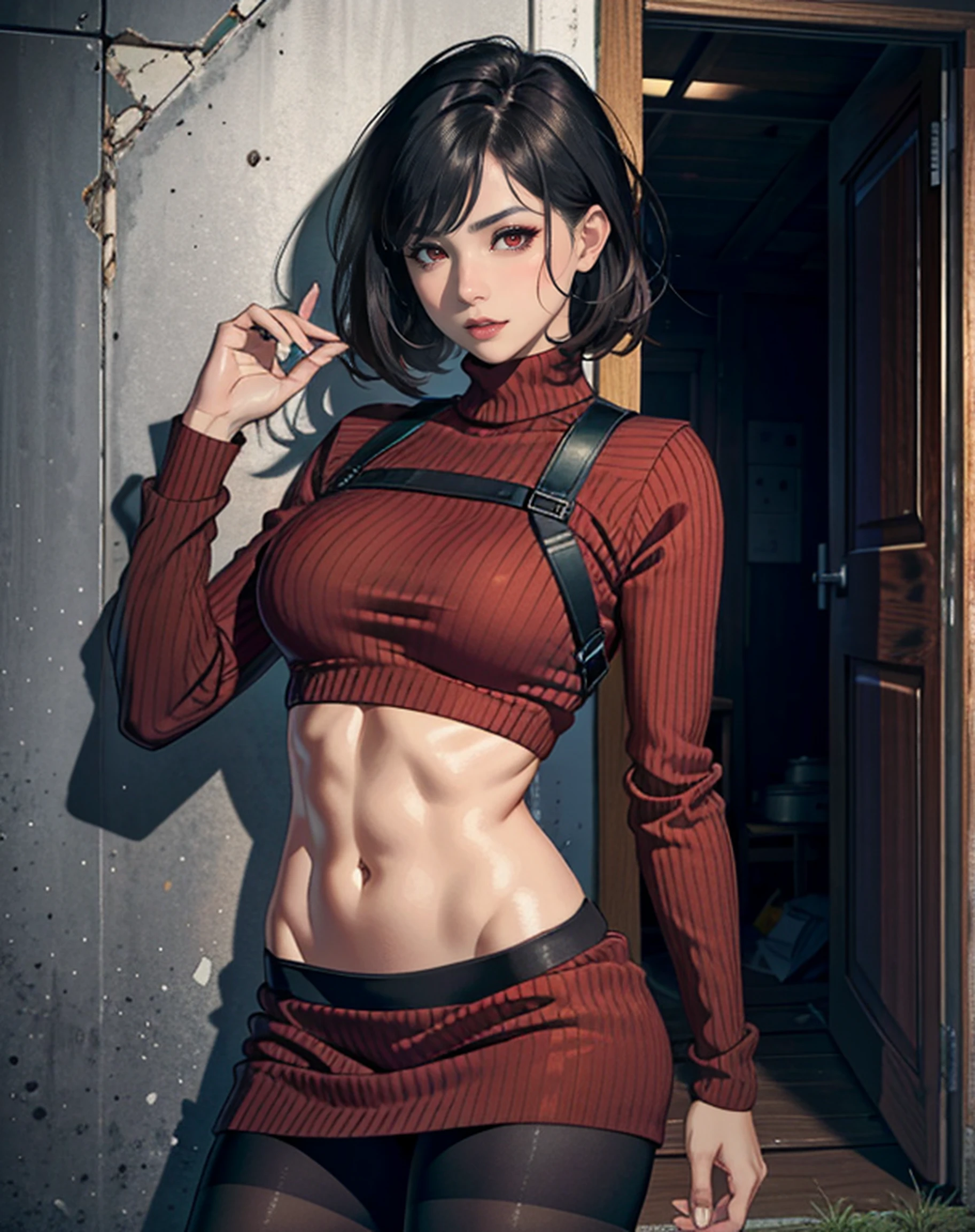 (masterpiece, best quality), 1girl, AshleyGrahamRE, solo, breasts, looking at viewer, short hair, red eyes, medium breasts, against wall, closed mouth, pantyhose, long Sleeve, black hair,red sweater, lips, plaid, black pantyhose, long pantyhose, bob cut, black pantyhose,ribbed sweater, realistic, nose, long Sleeve turtleneck, red shirt, long Sleeve sweater, red sweater, crop sweater, beautiful belly,abs,(abs,muculature:1.2), in abandoned hut, abandoned village, colorful