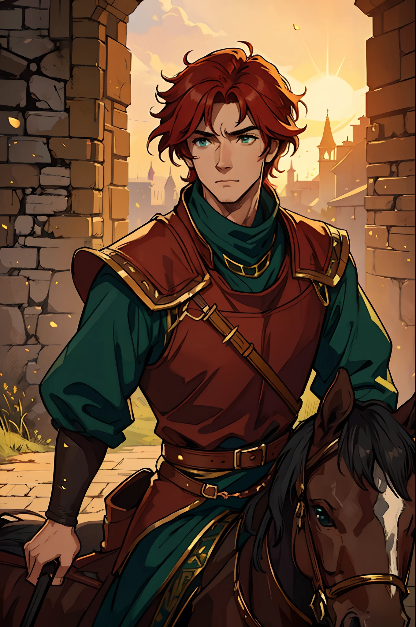 a handsome man with wavy red hair, green eyes, riding a horse toward the viewer, looking at the camera, full face, portrait, sword, heroic expression, knight, realistic, bright red medieval costume with gold trim, medieval city during the day, he is in a dramatic pose for a medieval art rpg art rpg art art art illustration of character art, masterpiece, high resolution, (luminous particles: 1.3), sunlight, lens flare, (cinematic light), illustration, royalty, [: (detailed face: 1.2): 0.2], detailed, detailed clothing, (detailed background: 1.3), 20 years old