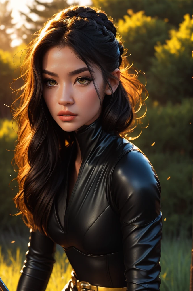 (masterpiece: 1.2), (best quality: 1.2), (highly detailed: 1.3), (intricate detail), highres, best illustration, perfect lighting, forest, warm colors, sunlight, sunrays in forest, warrior monsters, wind breeze, full body, full body shot, perfect face details, detailed eyes, detailed background, realistic photo, (sharp focus: 1.2), ((looking at camera: 1.2)), solo, 1 girl, ninja woman,  black hair ninja, perfect human anatomy, perfect legs, perfect arms, perfect face, ((realistic hands: 1.3)) long platinum hair, crown braid in hair, female clothing, sexy ninja outfit, little armor, long leather pencil dress, feel garter, black gloves with gold accents, ninja swords, flashy neckline, seductive appearance, sexy body lines, human hands, attractive female body, (stylish and sexy ninja uniform: 1.2), female boot, hard , woman with closed mouth, green iris, looking at viewer, perfect lighting, epic realism