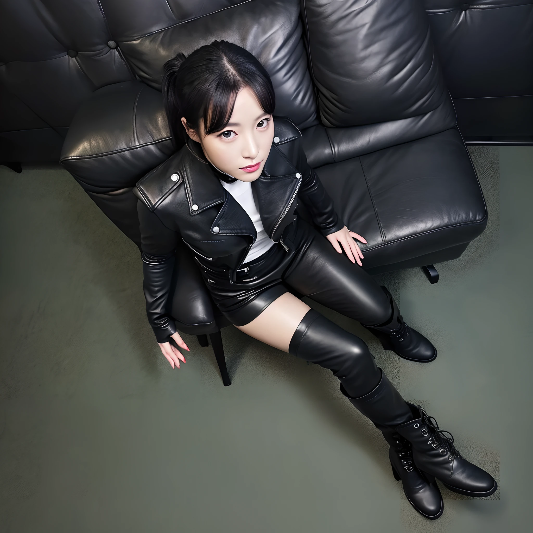 Woman in a black leather double rider's jacket、Office in the Dark, With the fingertips of the black leather gloves of both hands while looking at the screen、Woman tapping keys on the keyboard of black laptop on desk、Sitting on a black leather chair、 Japan Female Beautiful New Employee (Black leather gloves cover both hands) (The angle is sideways)、Black Leather Skinny Pants、Long black leather boots on both legs、Black hair ponytail ((He wears black leather gloves on both hands))