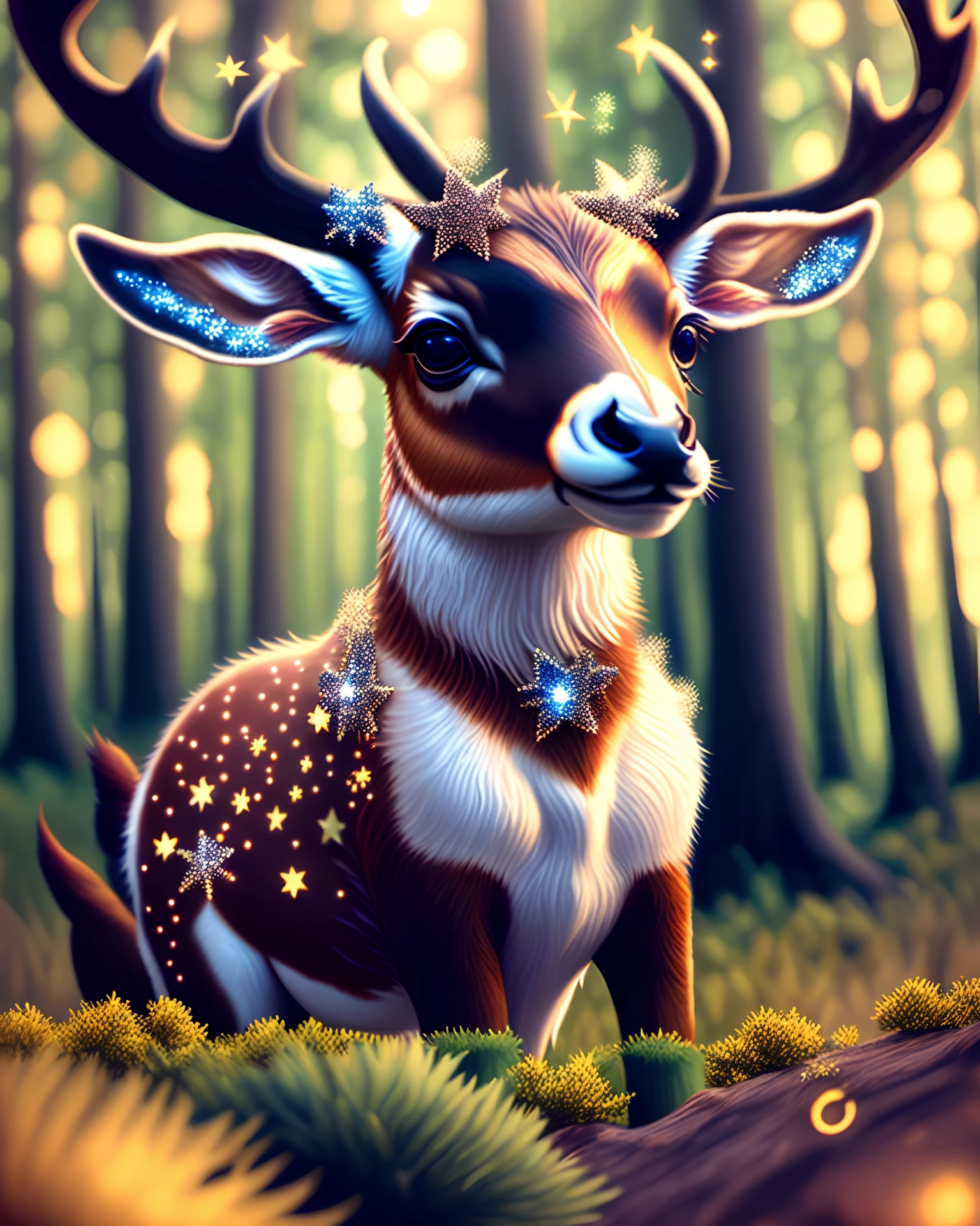 Magic Deer, kawaii, fluffy, sparkling stars bodypaint, dreamy forest, photorealistic painting, sharp focus, 8k, perfect composition, trending on artstation, award-winning photograph, unreal engine 5, cinematic smooth, intricate detail