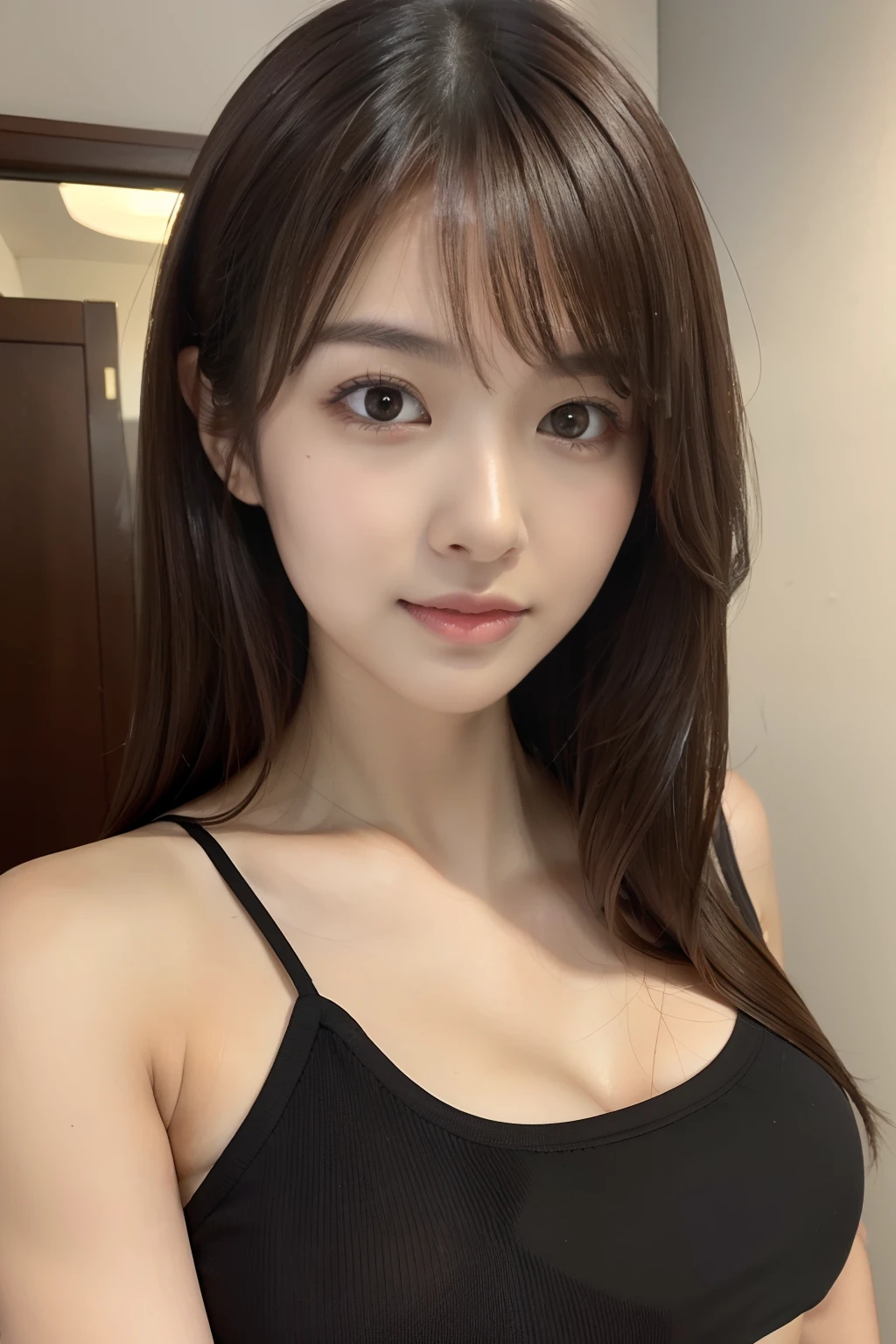 (age19:1.3)、(top-quality、8K、​masterpiece：1.3))、foco nítido：1.2、Beautiful Japan woman in perfect style：1.4、Slender Abs：1.2、slender、((dark brown hair、clean：1.2))、(natural soft light、on the beds:1.1)、Highly detailed facial and skin texture、A detailed eye、二重まぶた、