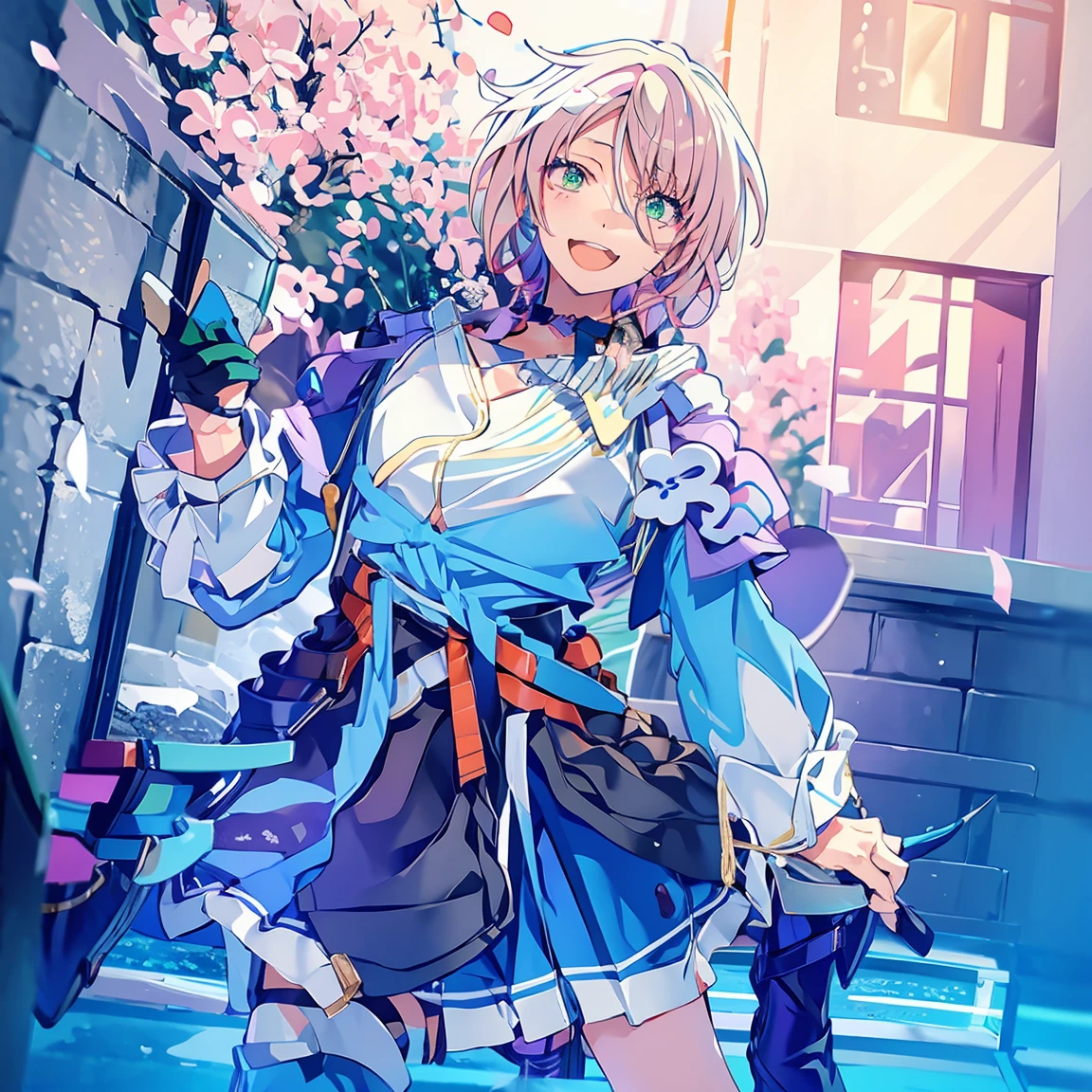 aira shiratori, green eyes, :D, smile, happy, blonde hair, detailed eyes, detailed face, march7th cosplay costume, cosplay, skirt, clothes around waist, jacket, choker, ankle boots, high heel boots, fingerless gloves, thigh strap, anime_style, short hair