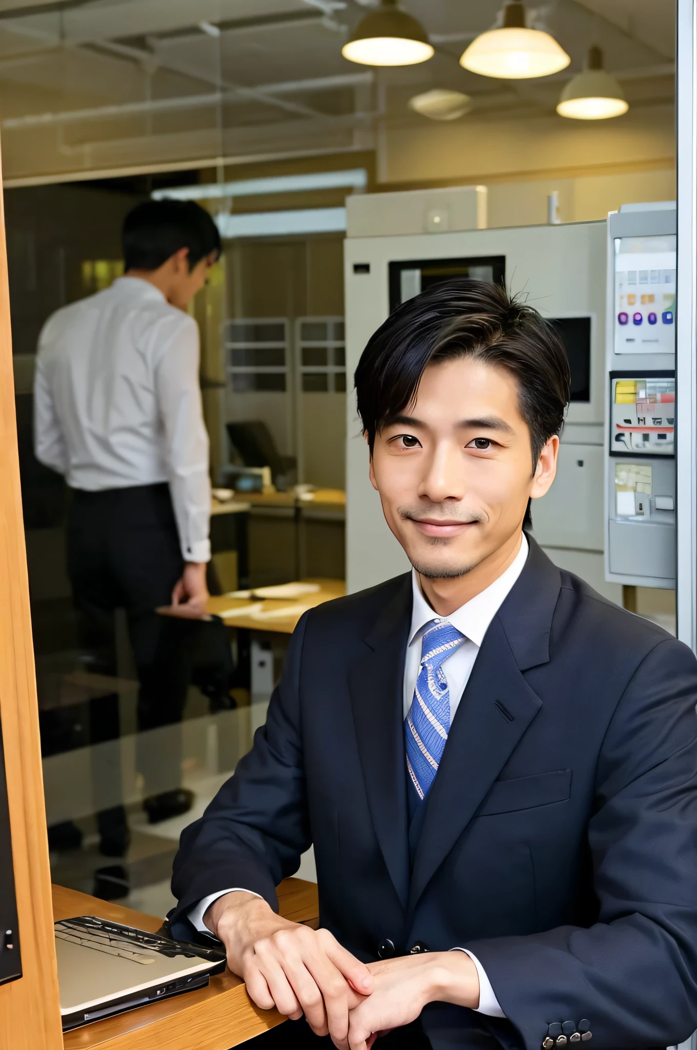 male people,japanes,40 years,s Office, Skinny macho,Notebook PC operation,front facing,During the meeting,Casual Suit