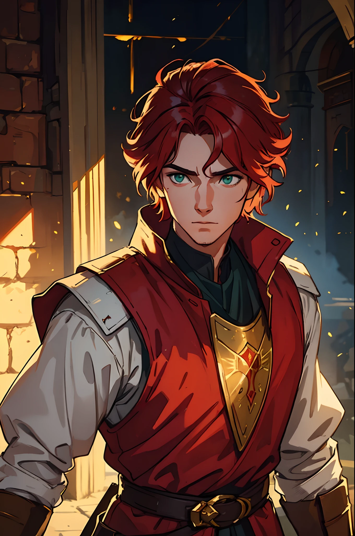 a handsome man with wavy red hair, green eyes, looking at the camera, full face, portrait, sword, heroic expression, knight, realistic, bright red medieval costume with gold trim, medieval city during the day, he is in a dramatic pose for a medieval art rpg art rpg art art art illustration of character art, masterpiece, high resolution, (luminous particles: 1.3), sunlight, lens flare, (cinematic light), illustration, royalty, [: (detailed face: 1.2): 0.2], detailed, detailed clothing, (detailed background: 1.3), 20 years old