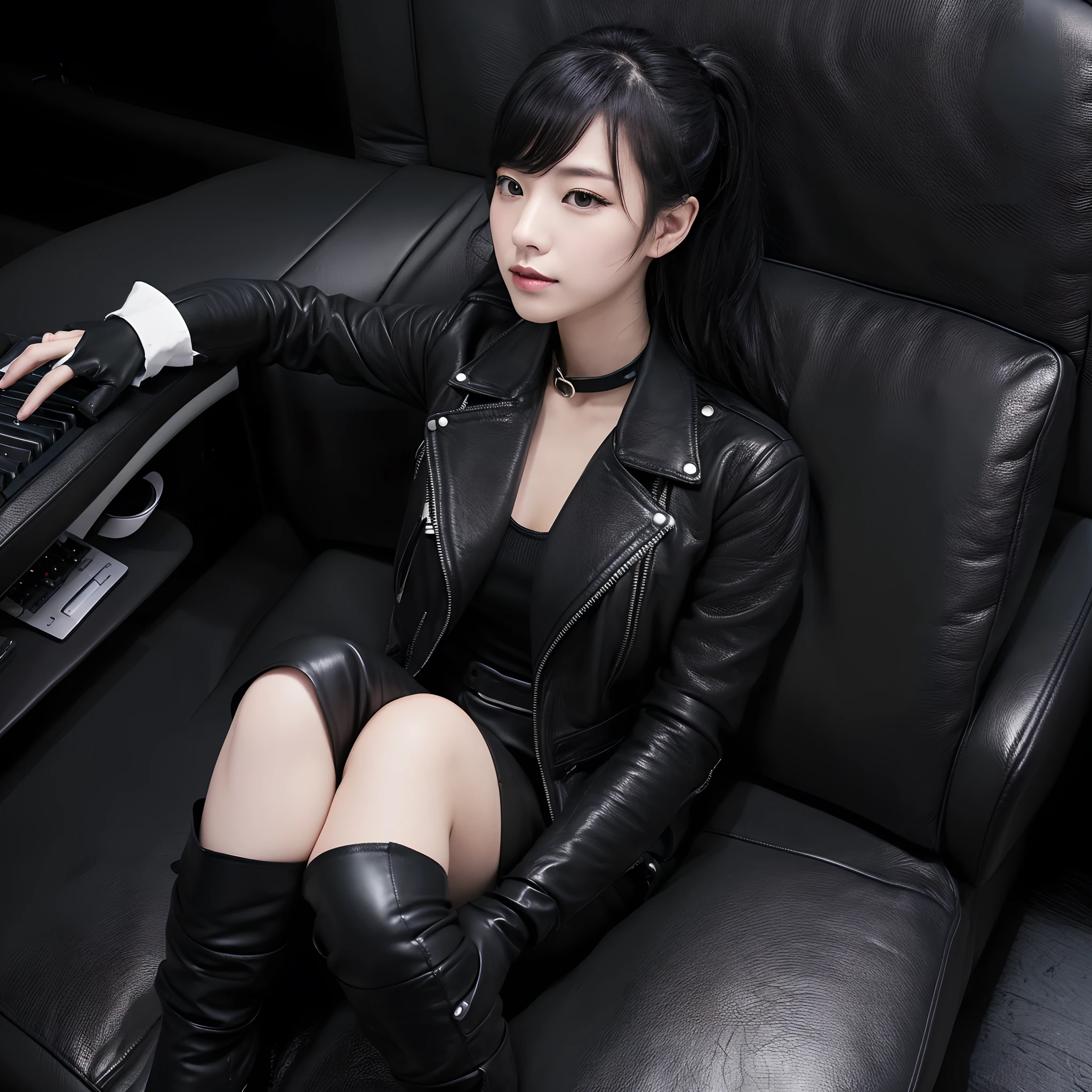 Woman in a black leather double rider's jacket、Office in the Dark, With the fingertips of the black leather gloves of both hands while looking at the screen、Woman tapping keys on the keyboard of black laptop on desk、Sitting on a black leather chair、 Japan Female Beautiful New Employee (Black leather gloves cover both hands) (The angle is sideways)、Black Leather Skinny Pants、Long black leather boots on both legs、Black hair ponytail ((He wears black leather gloves on both hands))