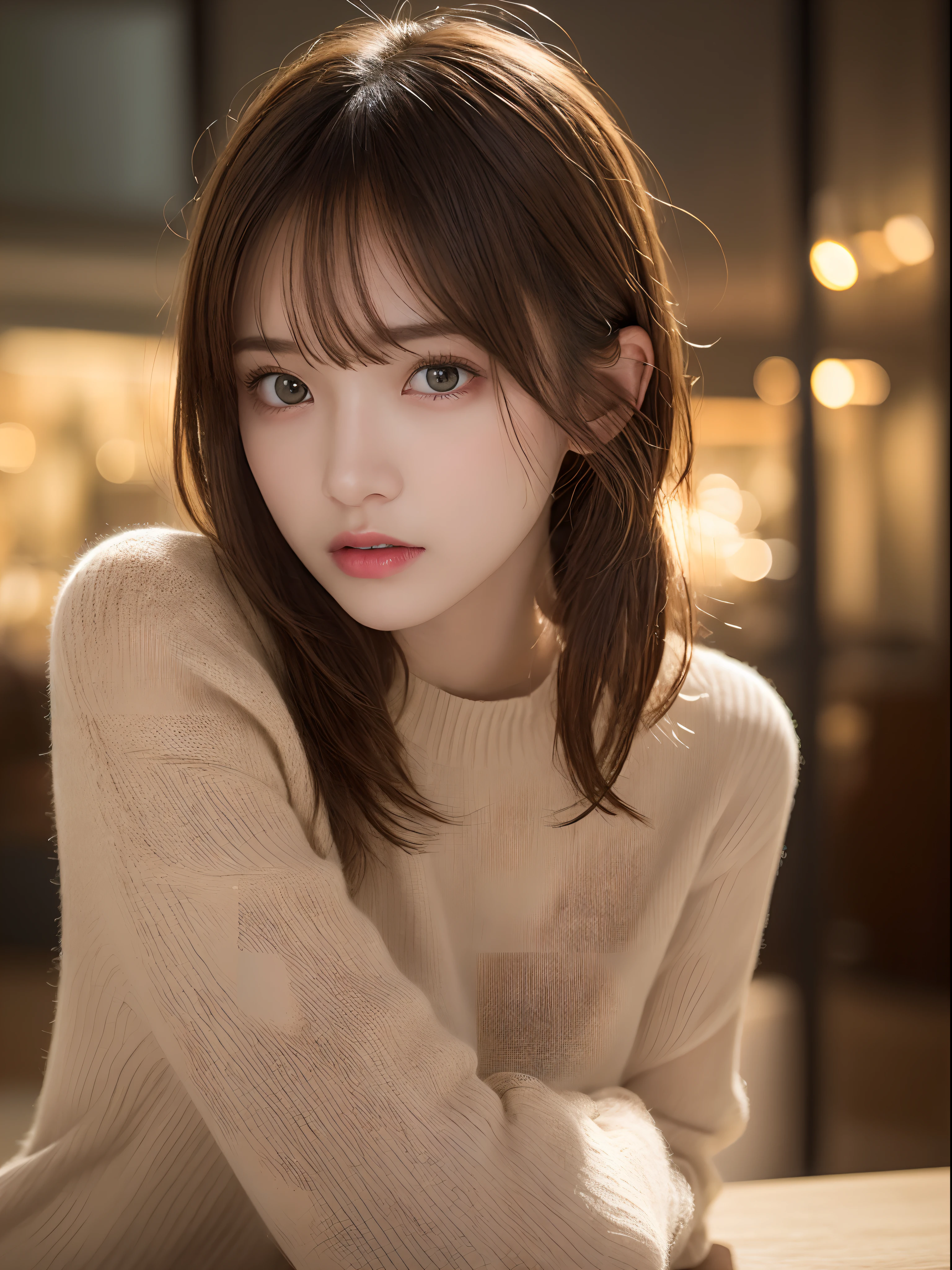(masterpiece:1.3), (8K, Photorealsitic, Raw photography, Top image quality: 1.4), 20 year old girl、(Random hairstyles:1.2)、Super Detail Face、Eye of Detail、二重まぶた、foco nítido:1.2、prety woman:1.4、light brown hair、top-quality、masterpiece、超A high resolution、(Photorealsitic:1.4)、very detailed and professional lighting、Green Sheer Knitwear、slender、serious facial expression、short-haired、Fatal position、Transparent skin、randome pose、Glowing hair、Gravure Model Pose、