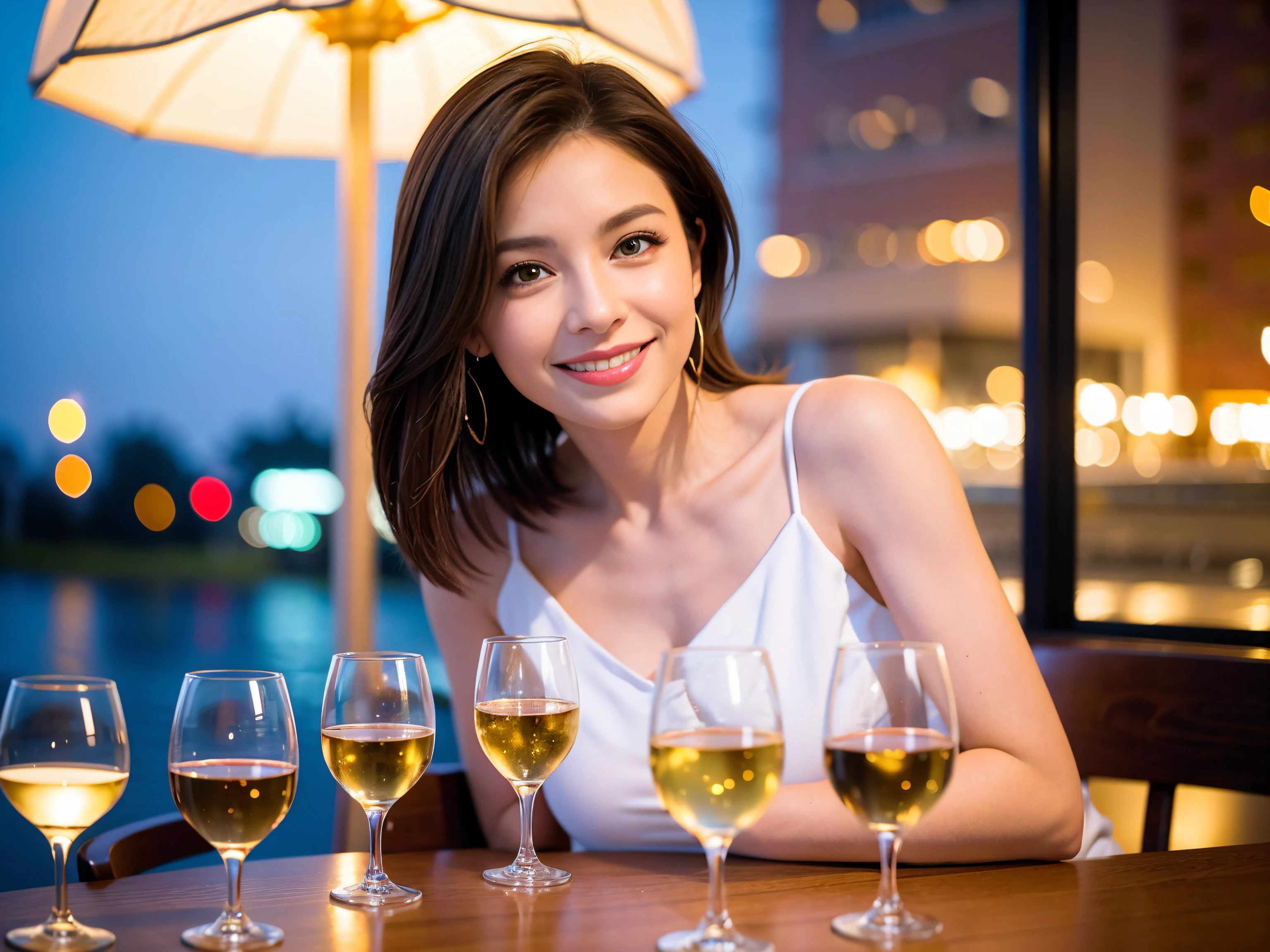 (64K, UHD, top quality, masterpiece: 1.2), (realistic, photorealistic: 1.37), super detailed, pretty woman 1 person, (slim face), (slim body), (brown hair), (short cut), cheeks slightly blushing, (42 years old), 38 years old, solo, beautiful detailed urban night view outside the window, restaurant, wine glasses sit, night, in a prominent place (from the waist up) NovaFrogStyle, Actress, Model, Waist Up, White Wine, Slim, Wine Glass, Super Clean Night View, Wine Glass Put in the Middle, Happy Smile, (Smile: 1.15), Beautiful Fine Eyes, Upper Body, Bust Japan Up, Night, Short, Short, Actress, Model, Waist Up, White Wine, Slim, Wine Glass, Super Clean Night View, Wine Glass Put in the Middle, Happy Smile,