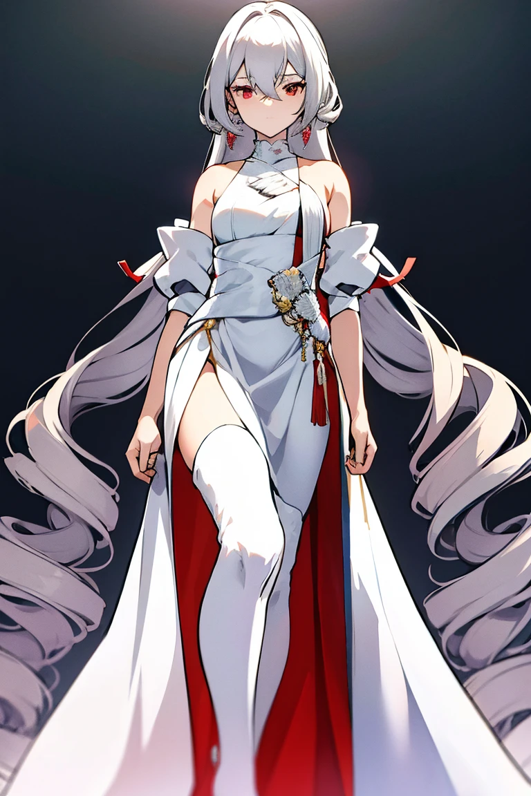 White-haired woman,Red aura around,Beautiful red eyes,White gauze dress, thin, It covers all vital organs except the face......, Wear a knee-length white dress.......,The arm does not reach the top of the hip.......,The arms are small....., But the ligaments are very large.......,Soft hands,at night,red moon,turned sideways,Drill hairstyle