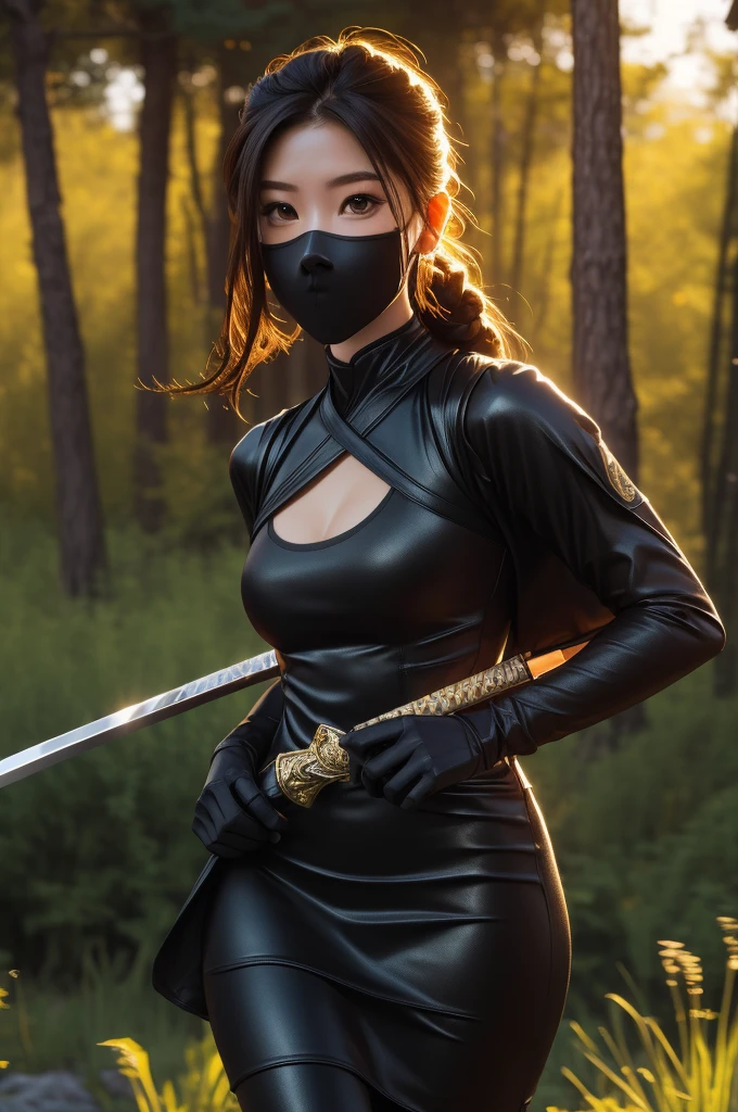 (masterpiece: 1.2), (best quality: 1.2), (highly detailed: 1.3), (intricate detail), highres, best illustration, perfect lighting, forest, warm colors, sunlight, sunrays in forest, warrior monsters, wind breeze, full body, full body shot, perfect face details, detailed eyes, detailed background, realistic photo, (sharp focus: 1.2), ((looking at camera: 1.2)), solo, 1 girl, ninja woman,  black hair ninja, perfect human anatomy, perfect legs, perfect arms, perfect face, ((realistic hands: 1.3)) long platinum hair, crown braid in hair, female clothing, sexy ninja outfit, little armor, long leather pencil dress, feel garter, black gloves with gold accents, ninja swords, flashy neckline, seductive appearance, sexy body lines, human hands, attractive female body, (stylish and sexy ninja uniform: 1.2), female boot, hard , woman with closed mouth, green iris, looking at viewer, perfect lighting, epic realism