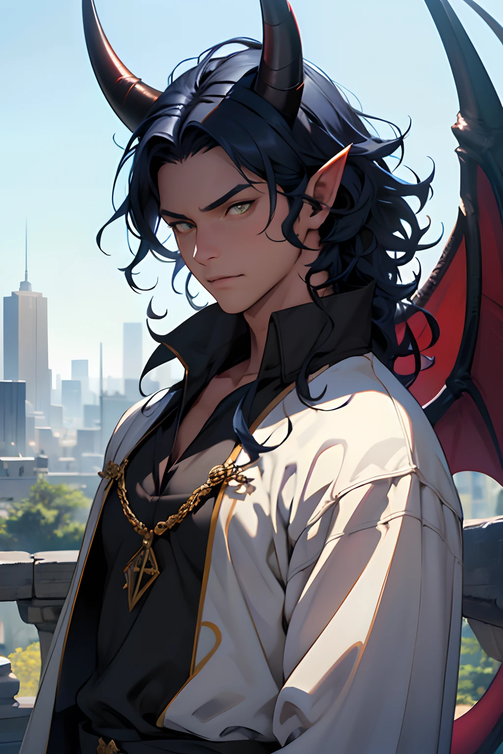 beste-Qualit, tmasterpiece, extra high resolution, Detailed, realisti, 独奏, The Man with the Red Skin, with horns, Fantasy City Resident Clothes, black hair, blue skin color, Completely blue, curls that grow from the forehead, blue skin, Yellow eyes, tiefling, Devil's Tail, blue skin color ,without wings, in full height, no wings, in clothes, Resident's clothes, fantasy, Medieval times, inhabitant, D&D, Horror \(subject\), Dark Fantasy, Depth of field, non-human,Ultra-detailed:, Finely detailed, Ultra-detailed, centered, scale to fit the dimensions, the rule of thirds, hight resolution, sharp-focus,Ultra Detailed, Extremely detailed,Photorealistic works of art,чрезвычайно детализированные CG Unity 8k ,bright colours, A striking theme, Intricate, Masterpiece, Best Quality.