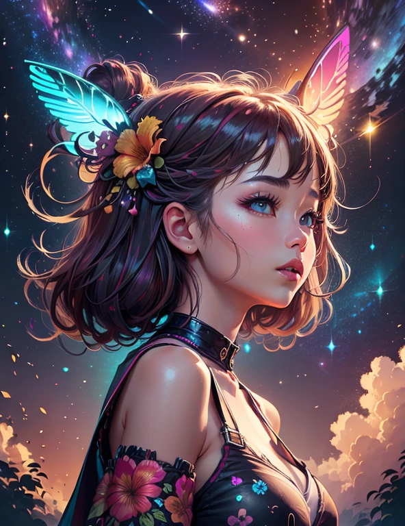 Girl standing in the clouds staring up as the stars, stars floating around her, brilliant colors, amazing swirls of cosmic dust, colorful vibrant, light particles, Create digital artwork in the Pop Art style, Featuring a vibrant and confident young Asian girl，street fashion (breast), Movie color scheme, Surrounded by vintage flower motifs, Vibrant brushstrokes,Emotions should be dynamic, Upper body, Drawing, illustration, escala cinza, tropical, Many flowers,