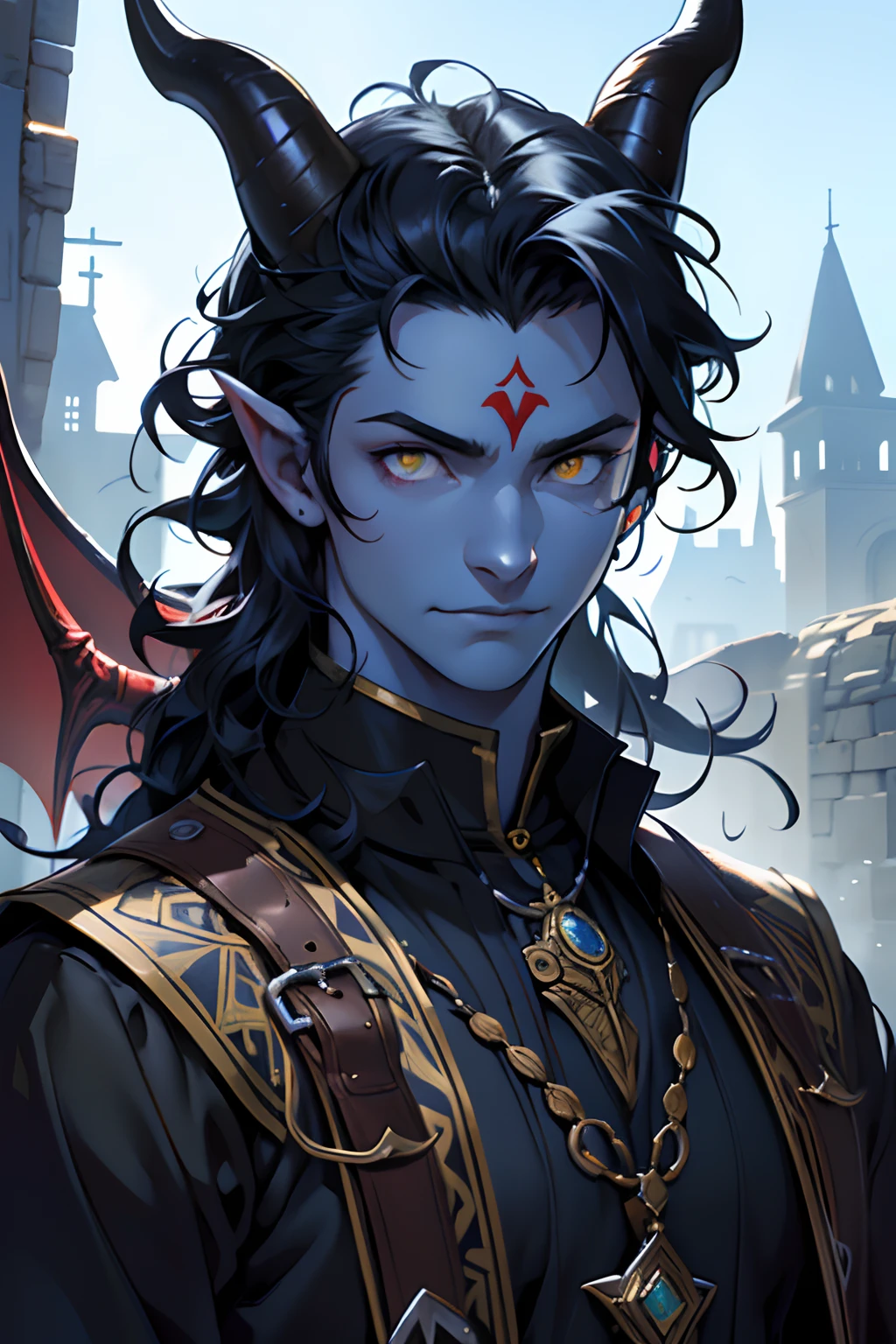 beste-Qualit, tmasterpiece, extra high resolution, Detailed, realisti, 独奏, The Man with the Red Skin, with horns, Fantasy City Resident Clothes, black hair, blue skin color, Completely blue, curls that grow from the forehead, blue skin, Yellow eyes, tiefling, Devil's Tail, blue skin color ,without wings, in full height, no wings, in clothes, Resident's clothes, fantasy, Medieval times, inhabitant, D&D, Horror \(subject\), Dark Fantasy, Depth of field, non-human,Ultra-detailed:, Finely detailed, Ultra-detailed, centered, scale to fit the dimensions, the rule of thirds, hight resolution, sharp-focus,Ultra Detailed, Extremely detailed,Photorealistic works of art,чрезвычайно детализированные CG Unity 8k ,bright colours, A striking theme, Intricate, Masterpiece, Best Quality.