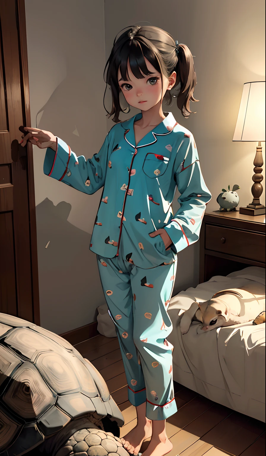 Perfect picture,,{Girl on a tortoise}{Pajamas}{hedonism},{I enjoy},10-year-old girl,4K picture quality, Cinematic,,{The appearance of being},{small body and chest,,,,,} Beautiful hair,cute little, perspiring