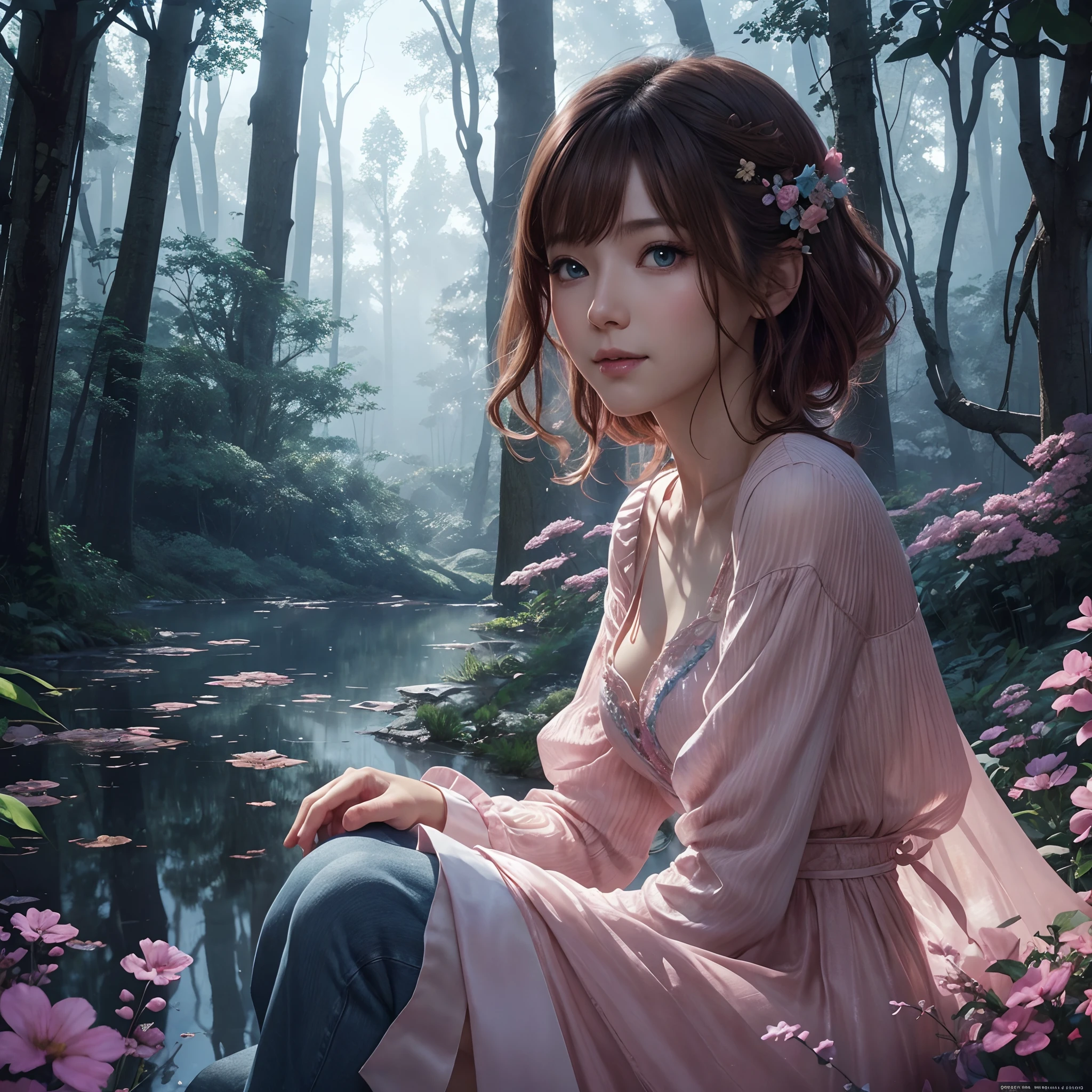hightquality、8K Ultra HD、fullllbody、1 16-year-old female、Gentle smile、Rich facial expressions、beauty legs、Pink dress、light brown hair、Blue eyes、(There is a nice healing forest in the background)、cute little、Beautiful fece、portlate、art by:Alberto Seveso、Abstract art style、Complex and intricate watercolor painting 、digitial painting、concept-art、Volumetric lighting、TanvirTamim、metal reflective、2d render、8K。 by artgerm、Trending on ArtStation