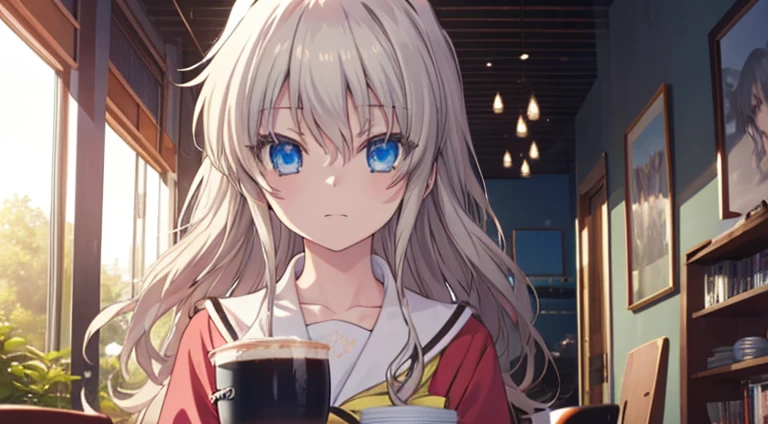 Masterpiece, best quality, 1female, nao tomori, charlotte, gray hair, blue pupil, cute, scraf, cafe