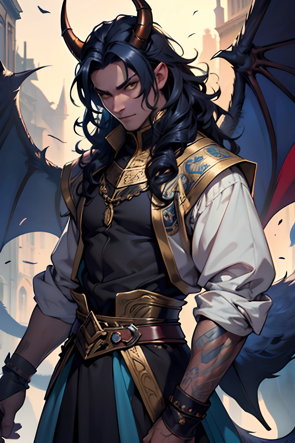 beste-Qualit, tmasterpiece, extra high resolution, Detailed, realisti, 独奏, The Man with the Red Skin, with horns, Fantasy City Resident Clothes, black  hair, blue skin color, Completely blue, curls that grow from the forehead, blue skin, Yellow eyes, tiefling, Devil's Tail, blue skin color ,without wings, in full height, no wings, in clothes, Resident's clothes, fantasy, Medieval times, inhabitant, D&D, Horror \(subject\), Dark Fantasy, Depth of field, non-human,Ultra-detailed:, Finely detailed, Ultra-detailed, centered, scale to fit the dimensions, the rule of thirds, hight resolution, sharp-focus,Ultra Detailed, Extremely detailed,Photorealistic works of art,чрезвычайно детализированные CG Unity 8k ,bright colours, A striking theme, Intricate, Masterpiece, Best Quality.