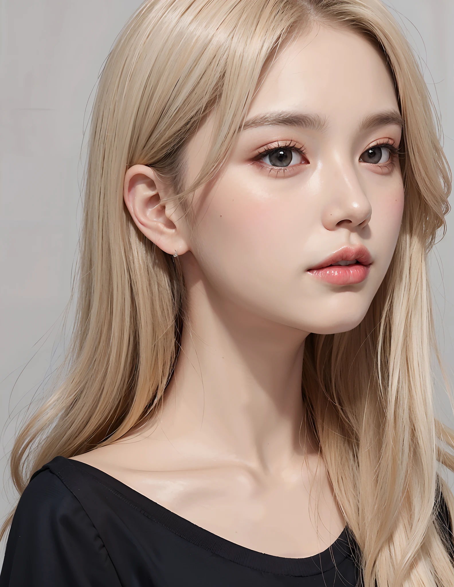 （ssmile）Close-up of a woman with long blonde hair in a black blouse, Light makeup, Soft makeup, Popular Korean makeup, popular korean makeup, Beautiful pale makeup, light makeup focus, with round face, Soft shadows, Soft portrait shot 8 K, pale round face, young lovely Korean faces, Korean face features, light make-up, Subtle makeup