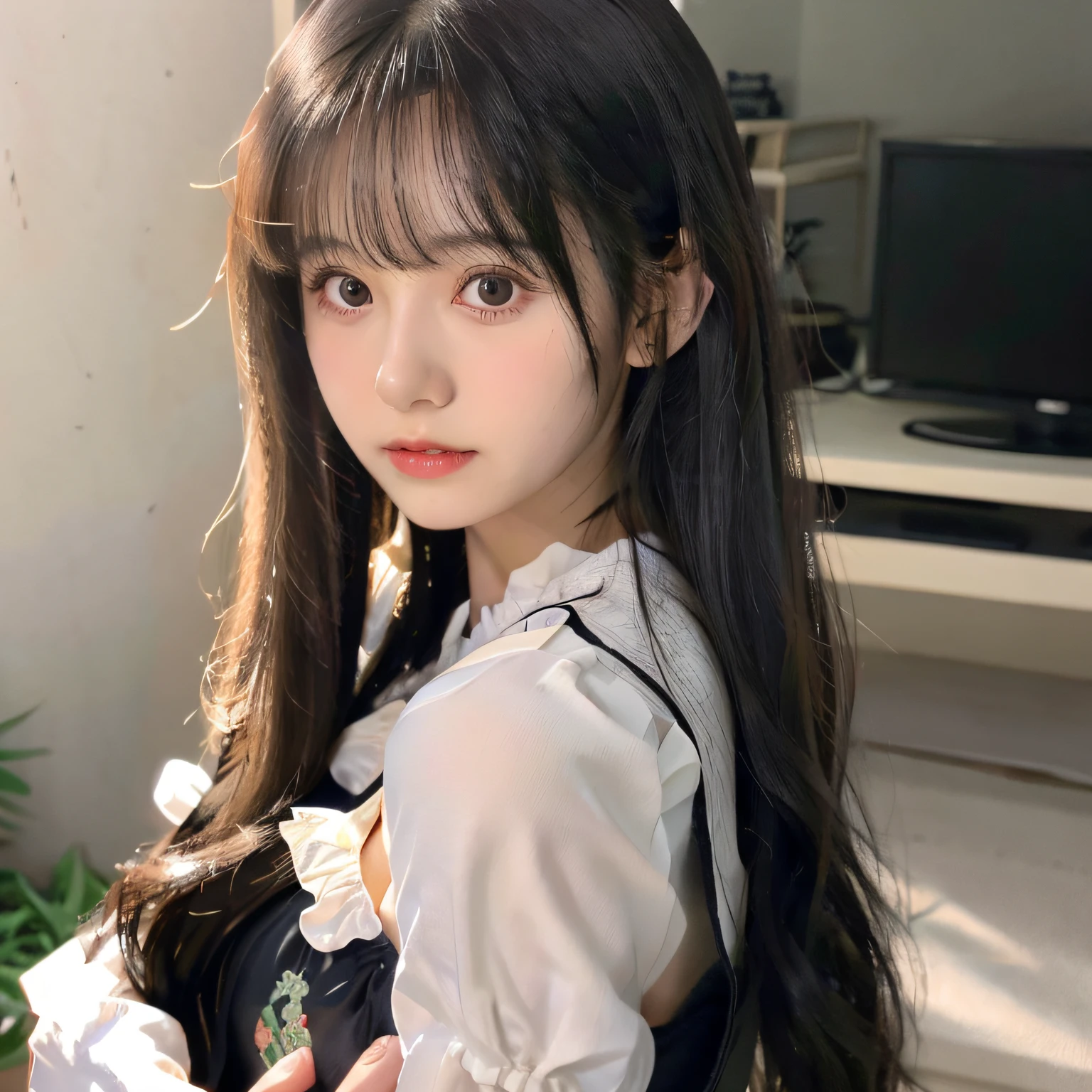 best quality, (photorealistic:1.2), 1girl, solo, detailed face, face focus, standing, black hair,(hair ornament:1.35),school uniform, ribbon-trimmed sleeves, detached sleeves, ribbon trim, wide sleeves, (looking at viewer:1.5) long hair, black eyes, bangs, lips, <lora:znk:0.6>
