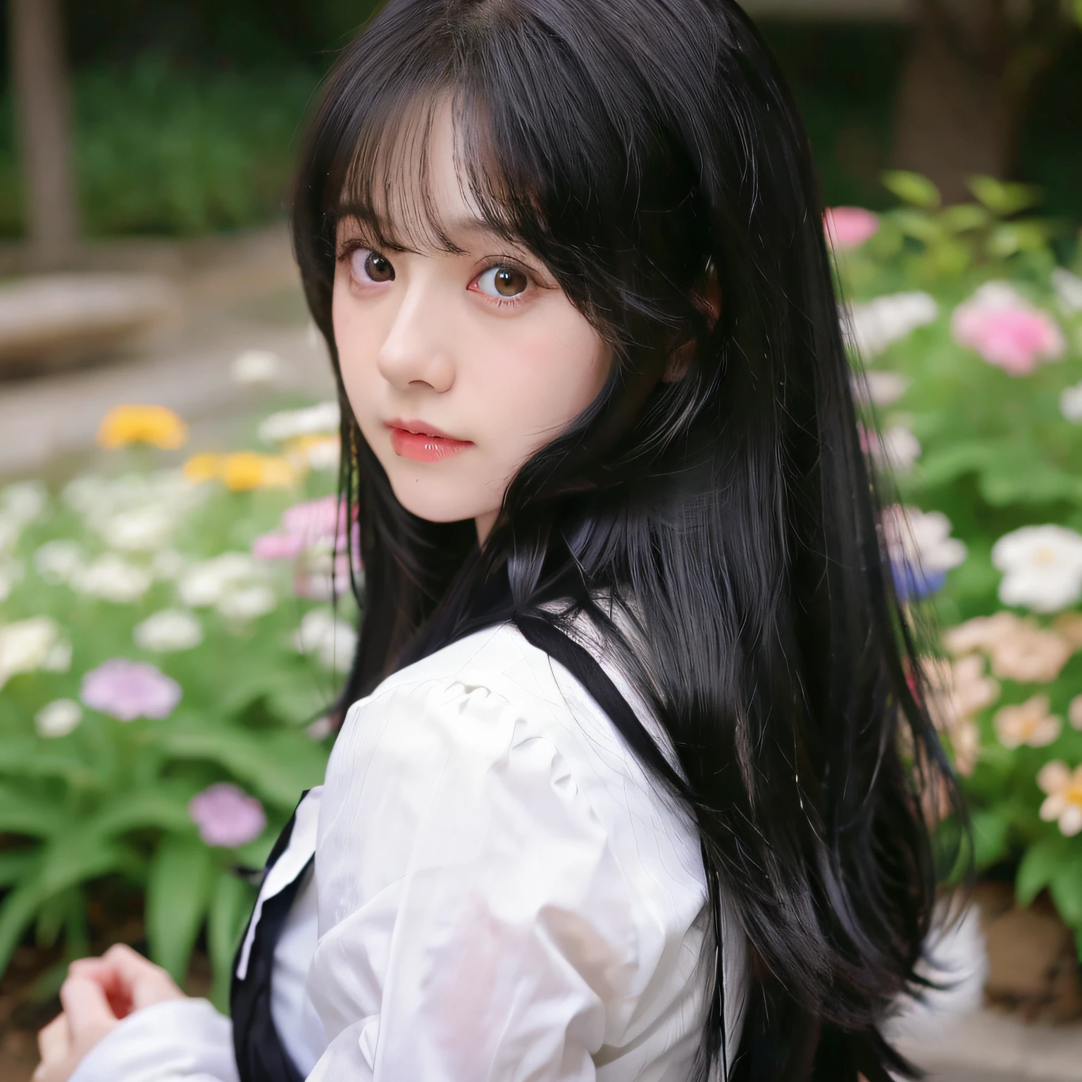 arafed woman with long black hair and bangs posing for a picture, black hair and large eyes, belle delphine, she has black hair with bangs, anime girl in real life, long dark hair with bangs, long black hair with bangs, with straight black hair, shikamimi, black hime cut hair, hair blackbangs hair, cute natural anime face