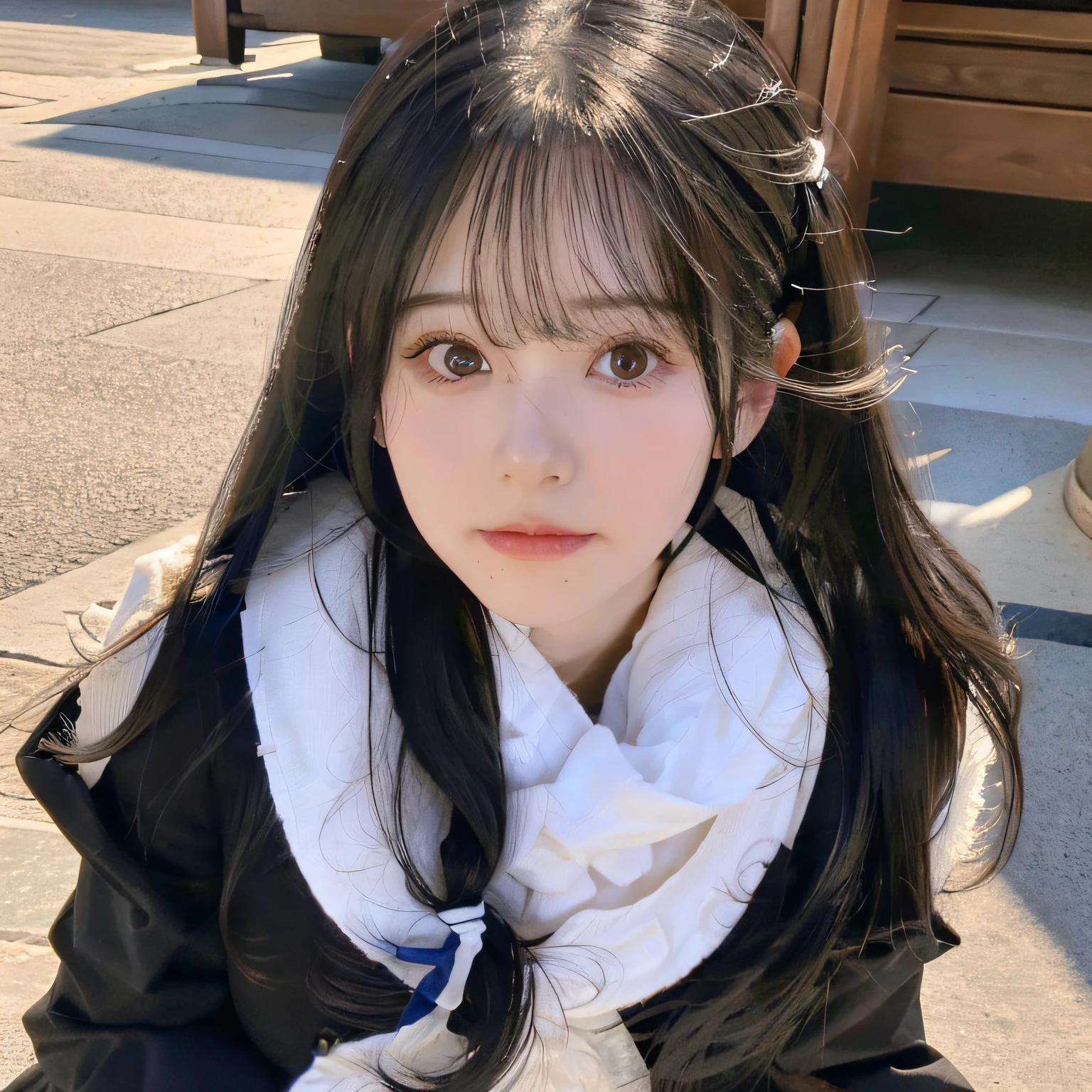 arafed woman with long black hair and bangs posing for a picture, black hair and large eyes, belle delphine, she has black hair with bangs, anime girl in real life, long dark hair with bangs, long black hair with bangs, with straight black hair, shikamimi, black hime cut hair, hair blackbangs hair, cute natural anime face