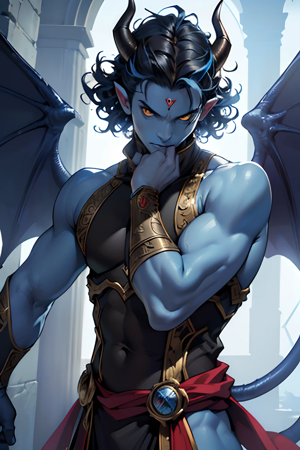 beste-Qualit, tmasterpiece, extra high resolution, Detailed, realisti, 独奏, The Man with the Red Skin, with horns, Fantasy City Resident Clothes, black hair, blue skin color, (((Completely blue:1.3)), curls that grow from the forehead, blue skin, Yellow eyes, tiefling, Devil's Tail, blue skin color ,((without wings:1.3)), in full height, no wings, in clothes, Resident's clothes, fantasy, Medieval times, inhabitant, D&D, Horror \(subject\), Dark Fantasy, Depth of field, non-human,(Ultra-detailed:1.3), Finely detailed, Ultra-detailed, (dynamicpose:1.0),(centered, scale to fit the dimensions, the rule of thirds), hight resolution, sharp-focus,(Ultra Detailed, Extremely detailed),(Photorealistic works of art:1.37),(extremely detailed CG unity 8k wallpaper),(((bright colours, A striking theme))),(Intricate),(Masterpiece),(Best Quality).