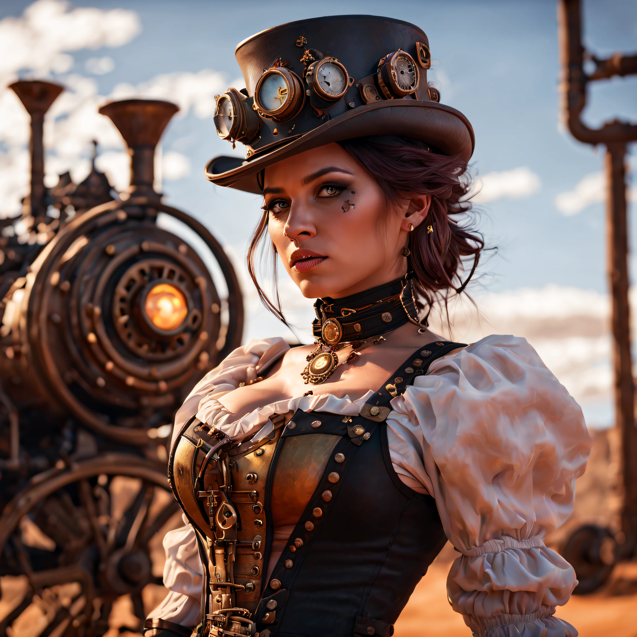 busty steampunk girl in Australian outback, cinematic trailer, imax, 4k, close up 8k resolution concept art,volumetric lighting,detailed matte painting, deep color, fantastical, intricate detail, splash screen, complementary colors, fantasy concept art, 8k resolution trending on Artstation Unreal Engine 5