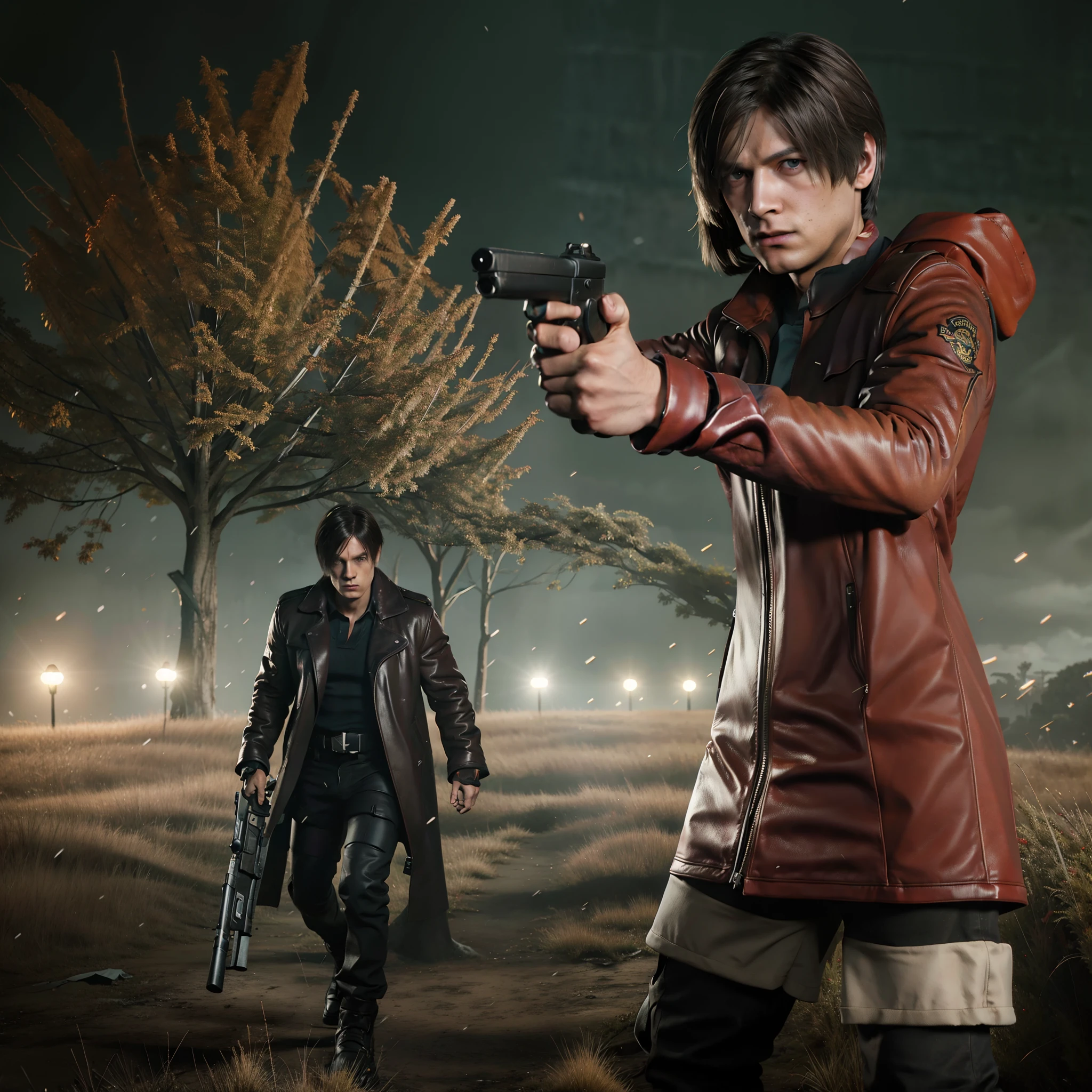 HD, Leon Scott Kennedy, man , bob hair, black coat, glare, holding a gun, thin beard