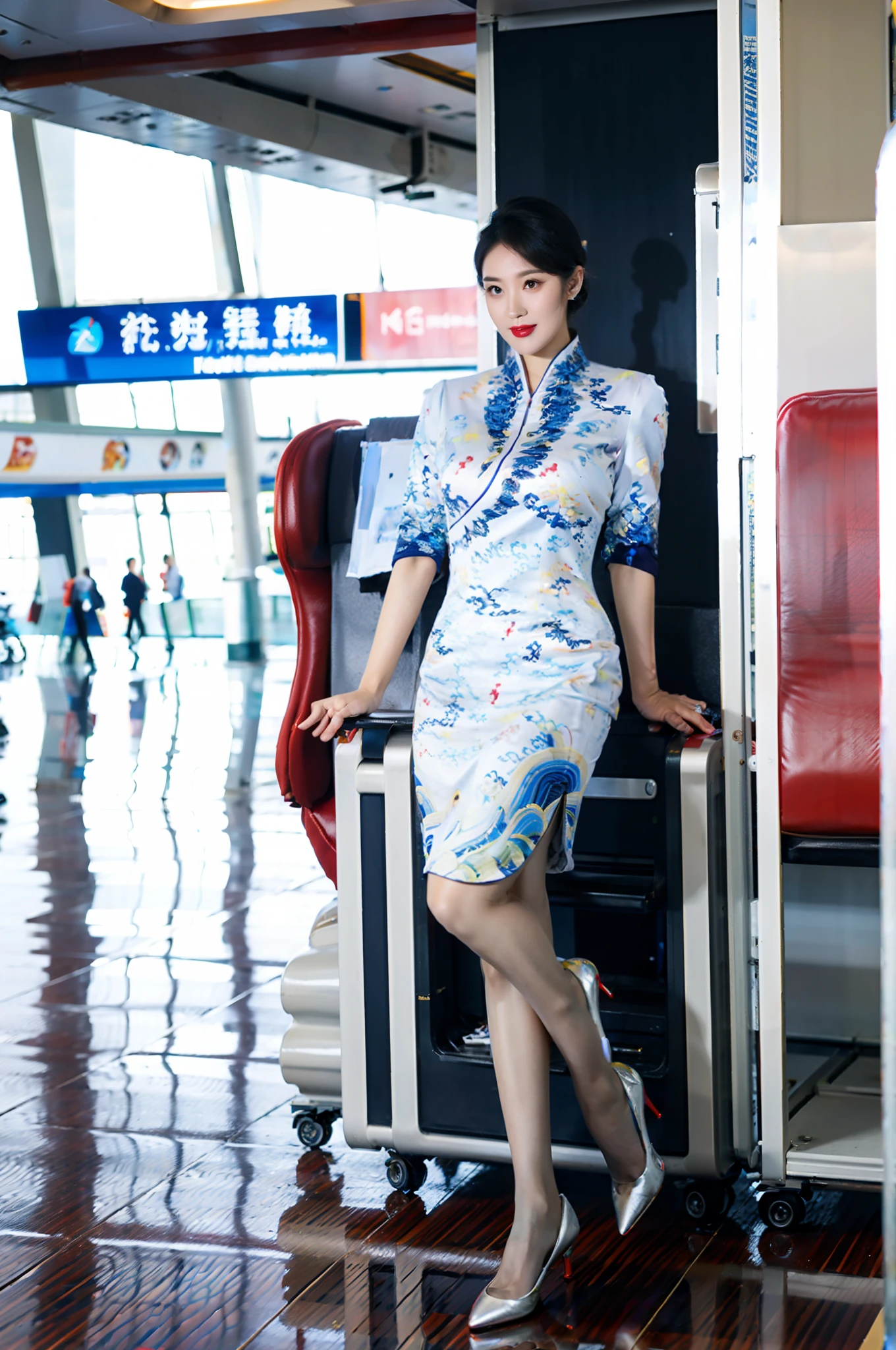 Stiletto heels，Single ball hairstyle，Heavy makeup，Redlip，White skin，mature，full bodyesbian，Long legs，You can see the whole body，Ultra-thin flesh-colored pantyhose，Flight attendant cheongsam uniform，in the airport，A group of women