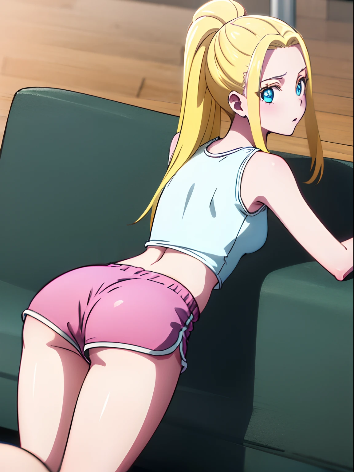 1girl, erotic, nsfw, 18+, small dolphin shorts, pink shorts, looking back, ass, pantyshot,, masterpiece, best quality, highly detailed, long blonde hair, blue eyes,