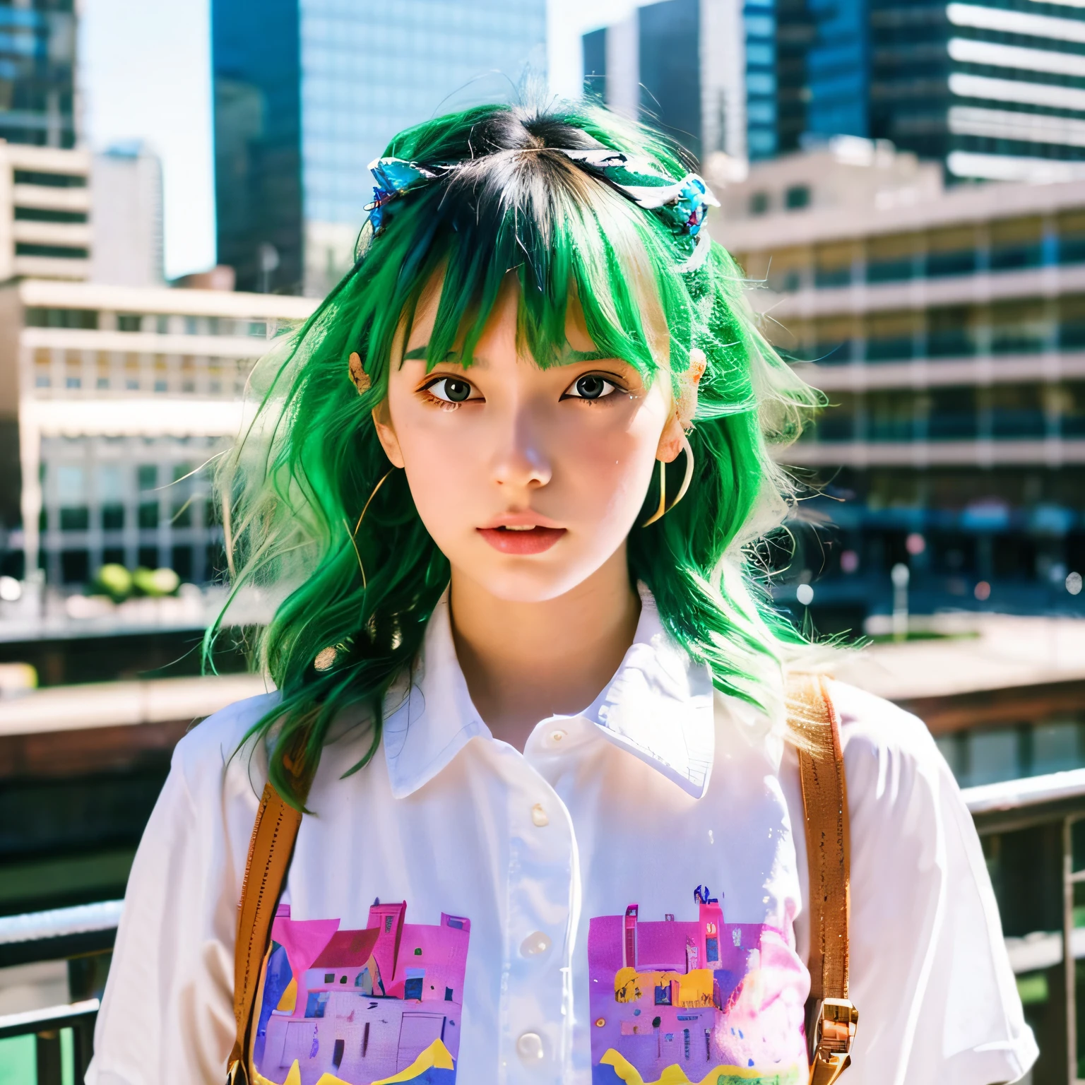 (Masterpiece), (Best Quality), (Super Detail), (disheveled Hair), (Illustration), (One Girl), (Fashionable Clothes), Standing, Fashion Model, Beholder, (Interview), (City Background), Finely Beautiful Eyes, Delicate Beautiful Face, Floating, (High Saturation), (Colorful Splash), Colorful Bubble, (Shine), Focus on the Face, Ponytail, Green Hair, Bangs, Hair Rings, Sweaty, Best Lighting, Best Shadows