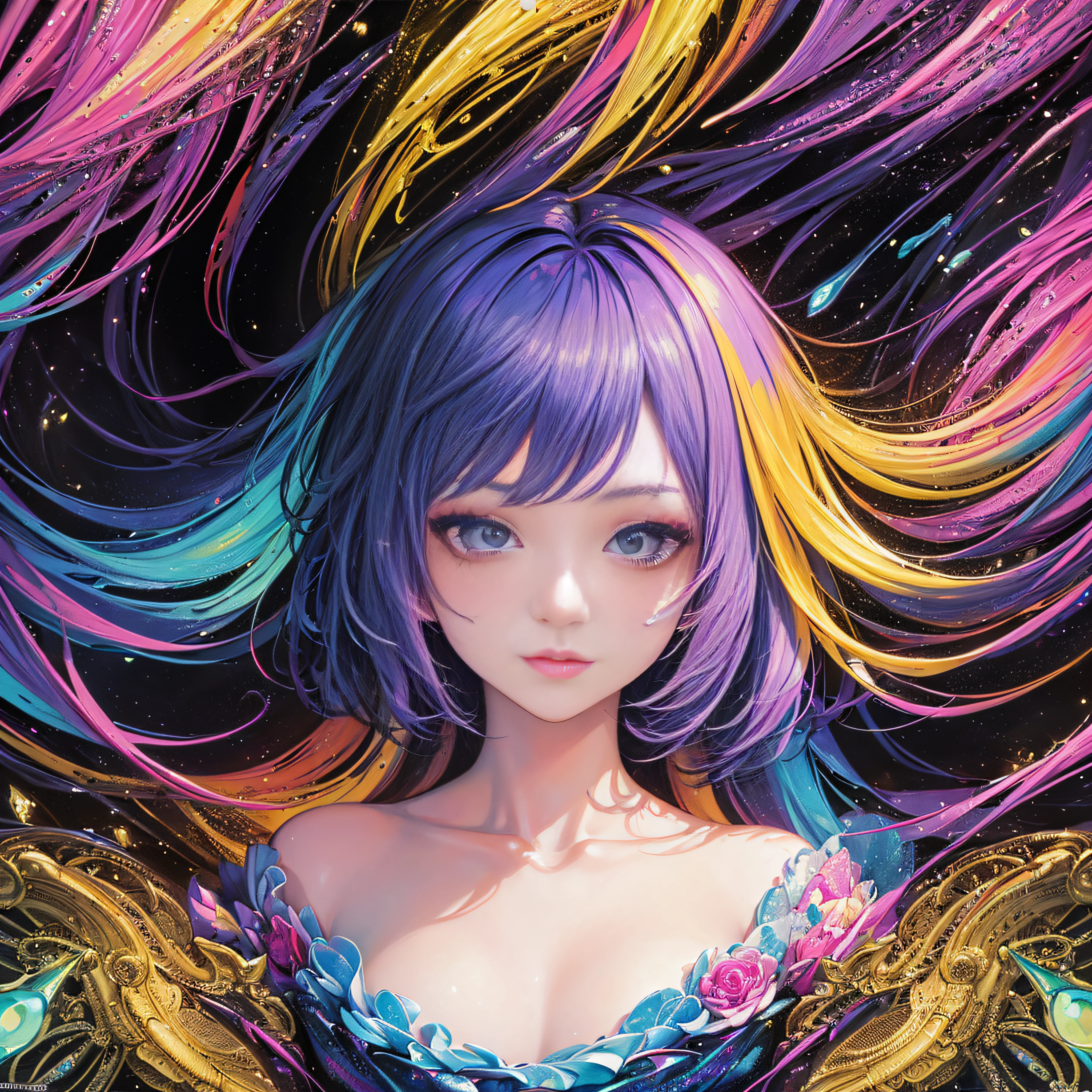 (masterpiece、top-quality、top-quality、Official art、Beautifully Aesthetic:1.2)、Highly detailed fractal art、(colourfull:1.5)、highest details、Zentangle、a closeup、 (1girl in:1.5), 独奏, (dynamicposes), (Abstract background:1.5), (shinny skin),
